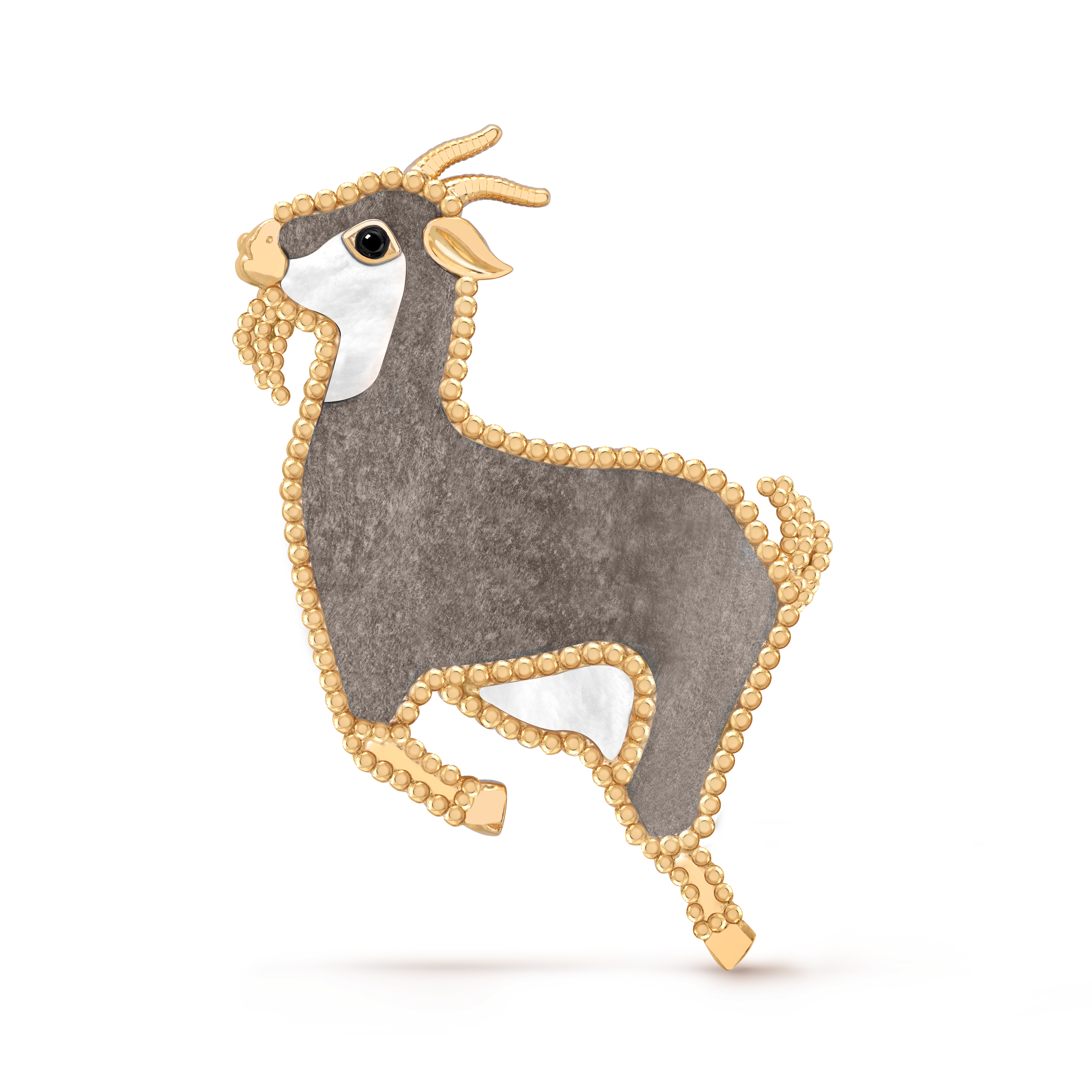 Lucky Animals Goat胸针, 18K黄金, 珍珠母贝:  2颗, 缟玛瑙:  1 宝石, 黑曜石:  1 宝石, Front, Jewelry Clip_梵克雅宝_Van Cleef & Arpels