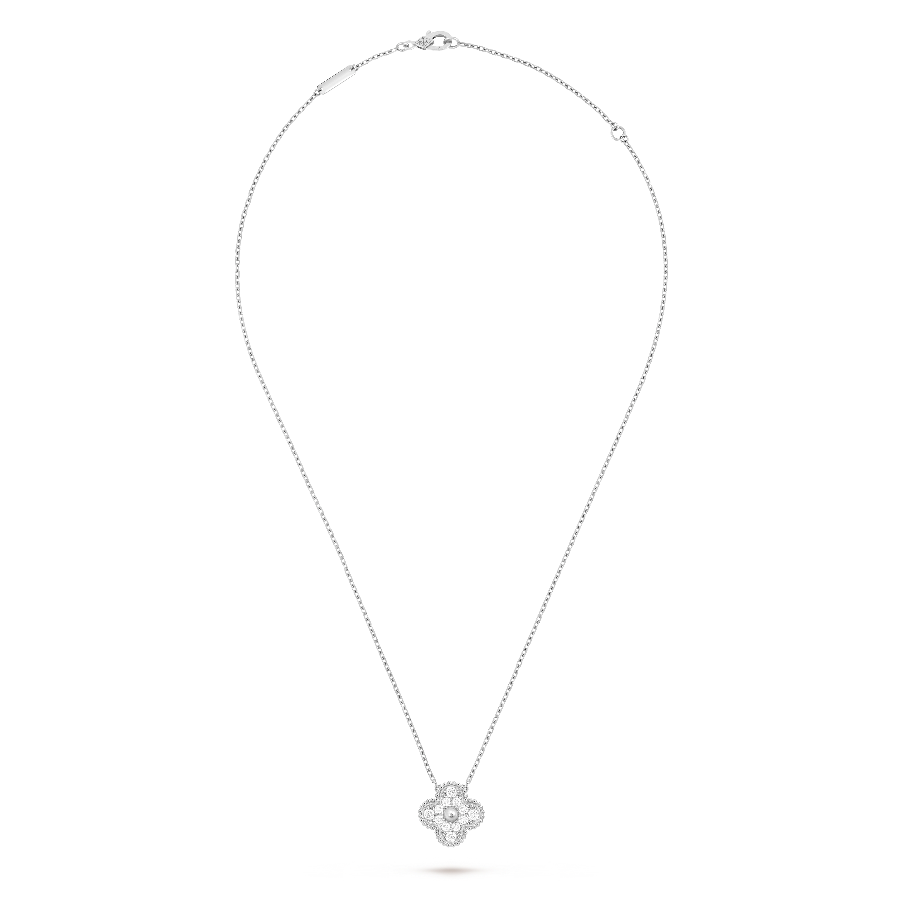 Vintage Alhambra pendant, 18K white gold, Diamond:  12 stones,  0.48 carat, Front, Jewelry Pendent - Van Cleef & Arpels