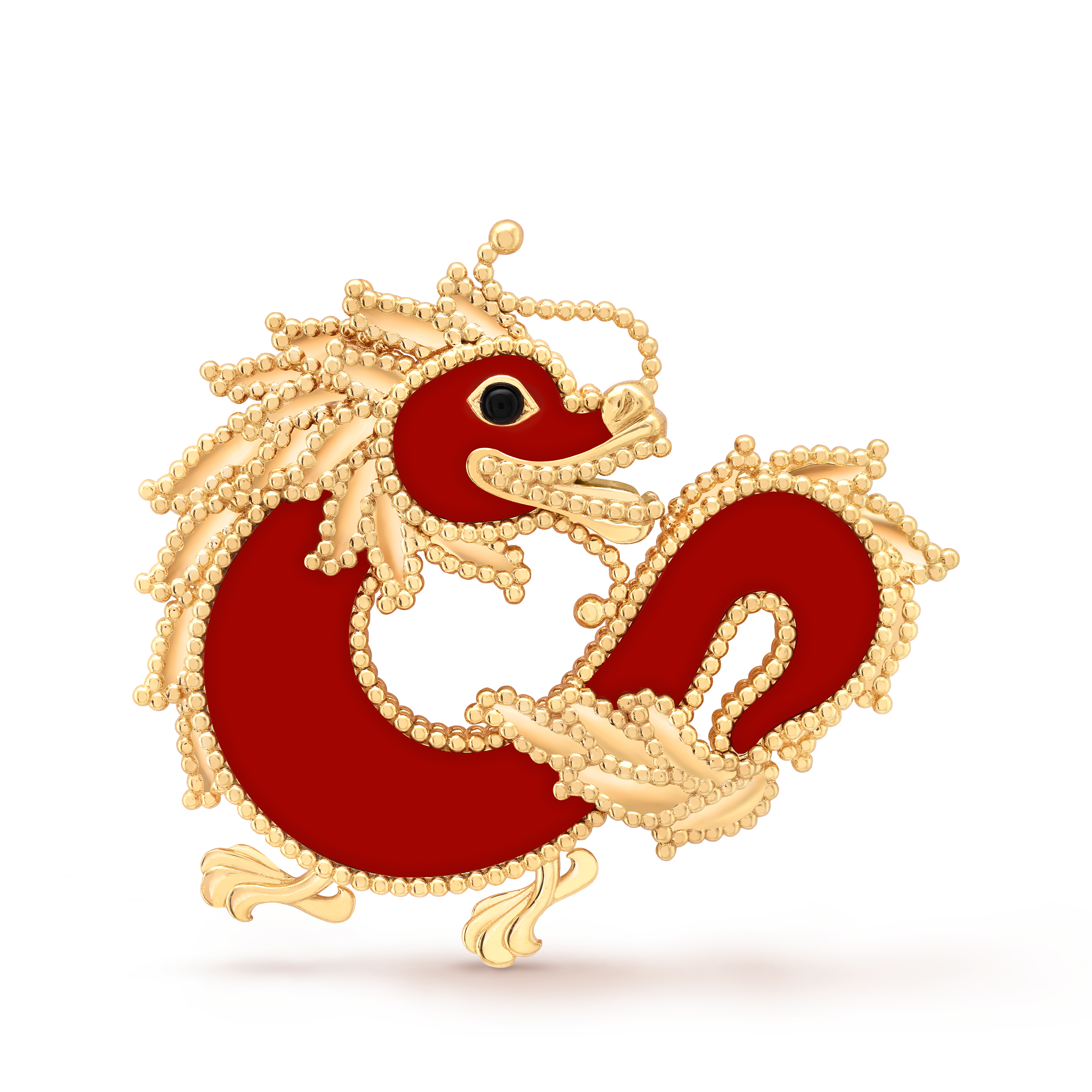 Lucky Animals Dragon clip, 18K yellow gold, Carnelian:  3 stones, Onyx:  1 stone, Front, Jewelry Clip - Van Cleef & Arpels