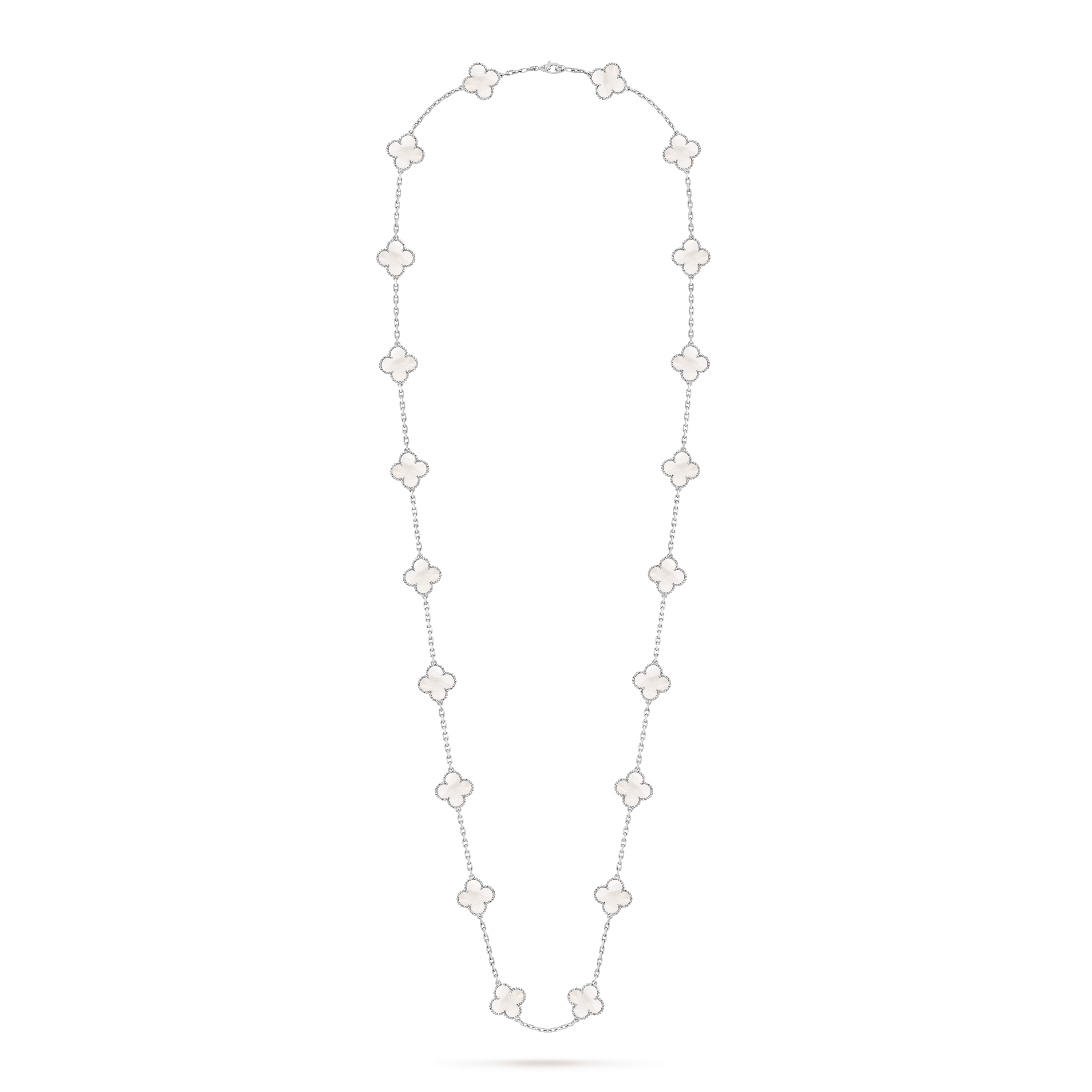 Vintage Alhambra long necklace, 20 motifs, 18K white gold, Mother-of-pearl:  20 stones, Front, Jewelry Long Necklace - Van Cleef & Arpels