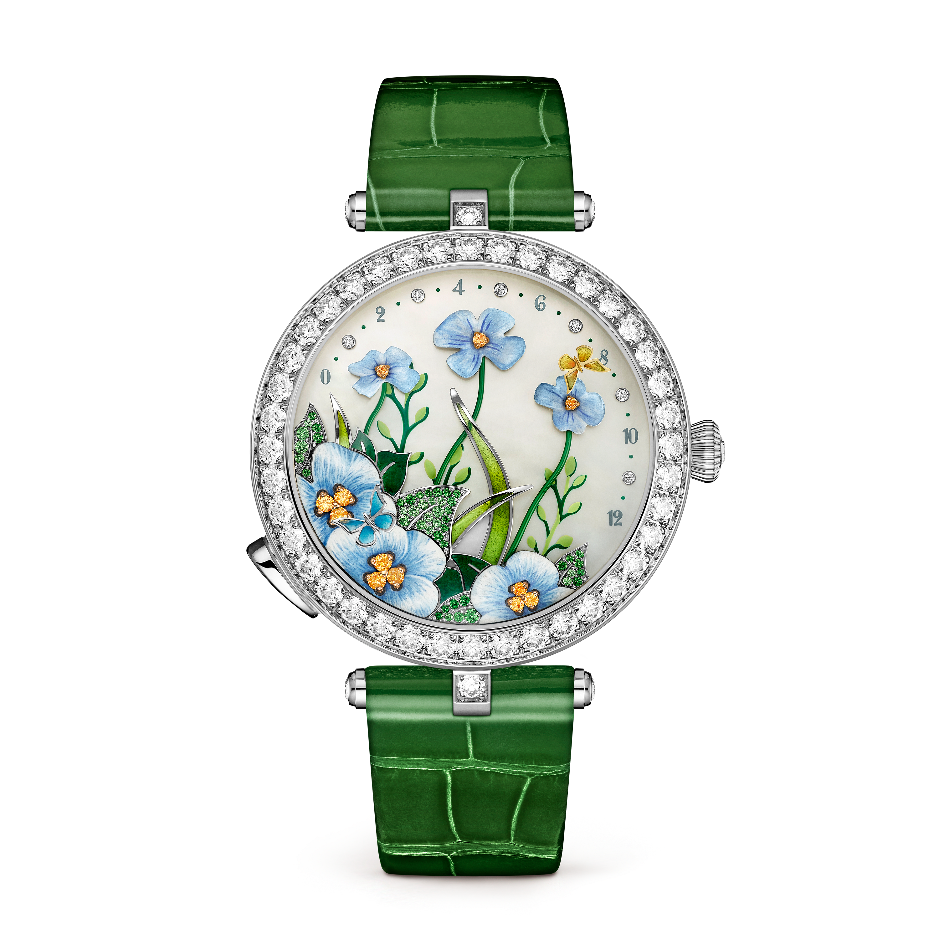 Lady Arpels Brise d’Été腕表, 18K白金, 沙弗莱石榴石:  47颗,  0.1 克拉, 珍珠母贝:  1 宝石, 钻石:  120颗,  3.45 克拉, 锰铝榴石:  12颗,  0.09 克拉, Front, Watch_梵克雅宝_Van Cleef & Arpels