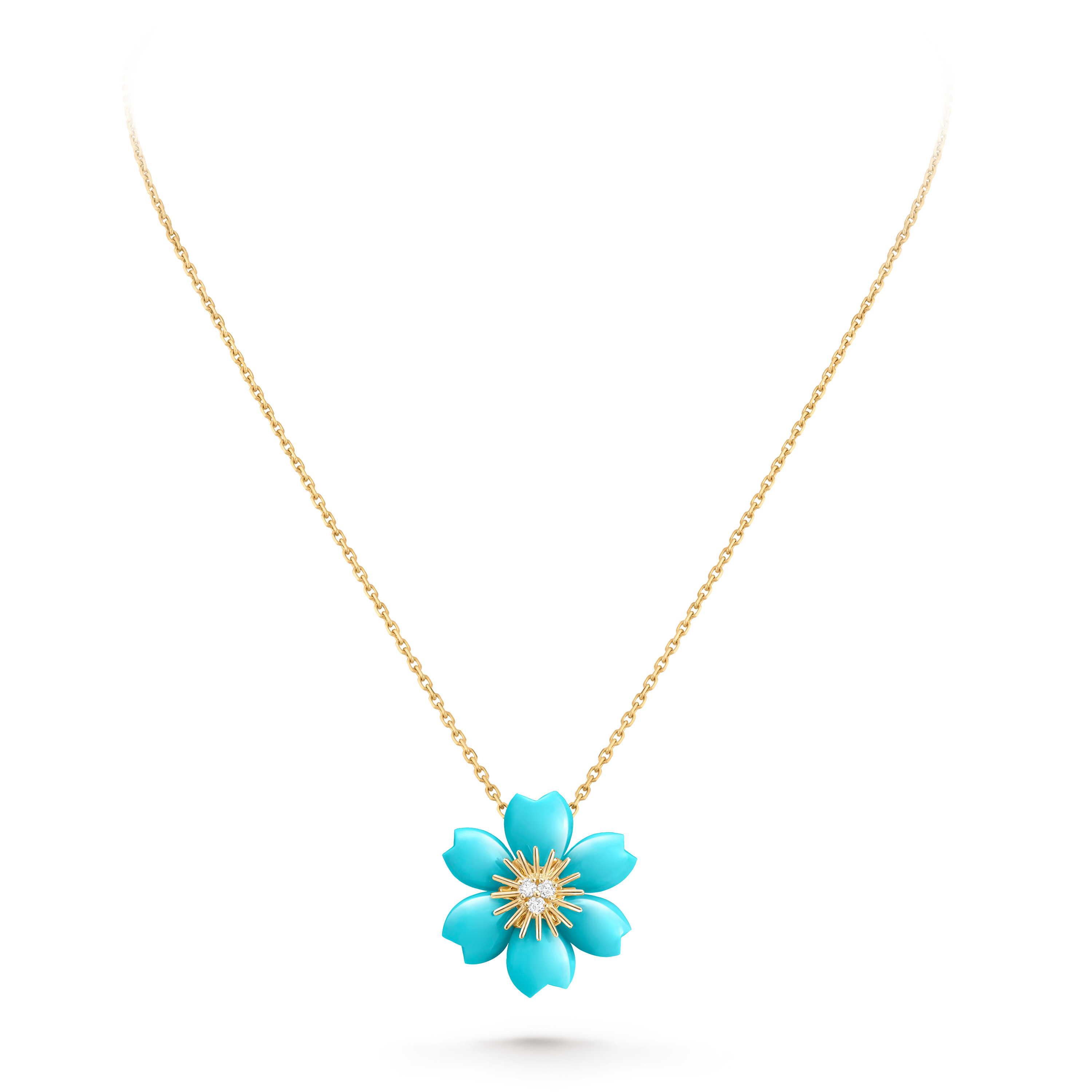 Rose de Noël吊坠，迷你款式, 18K黄金, 绿松石:  6颗, 钻石:  3颗,  0.1 克拉, Back, Jewelry Pendent_梵克雅宝_Van Cleef & Arpels