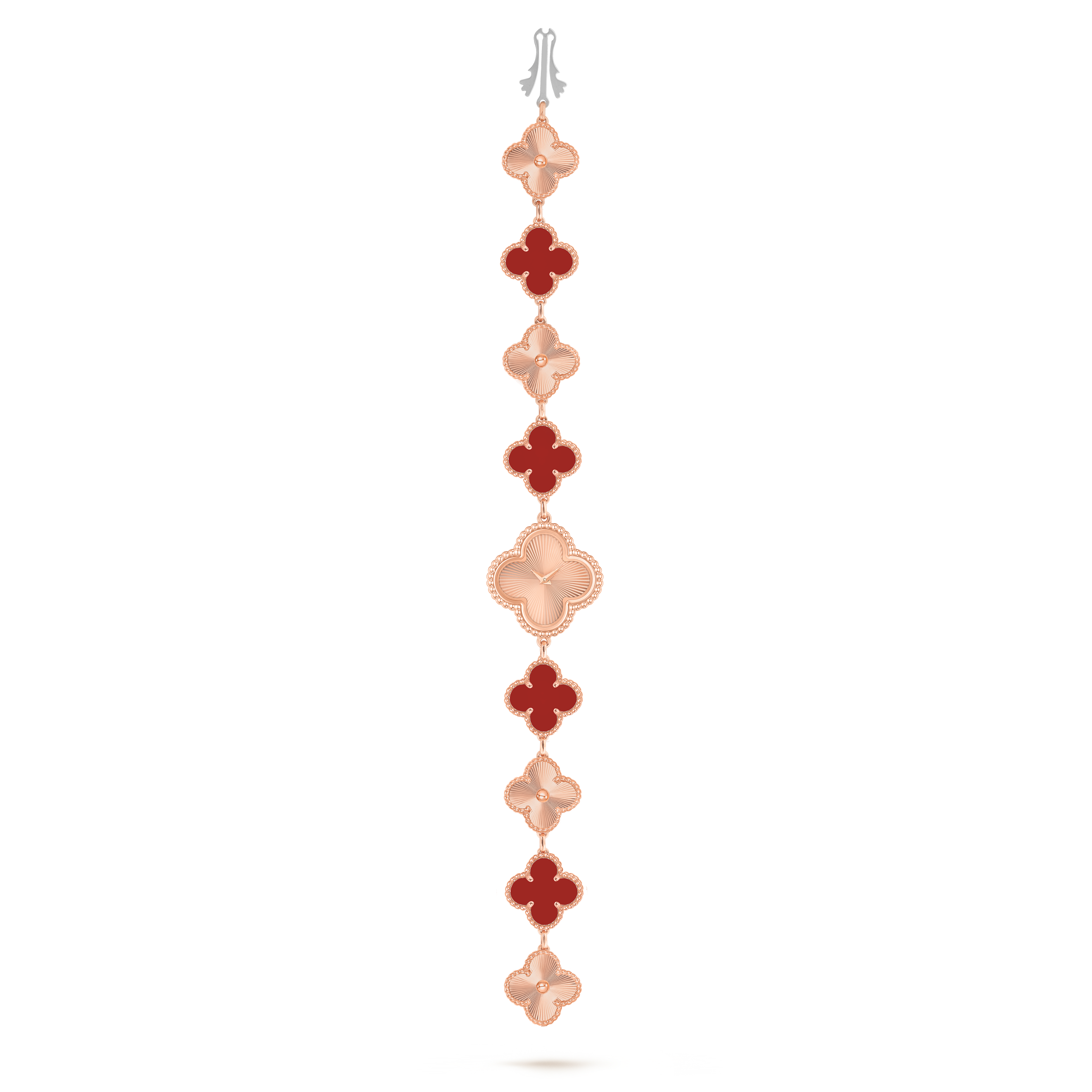 Sweet Alhambra watch, 18K rose gold, Carnelian:  4 stones, Open, Watch - Van Cleef & Arpels