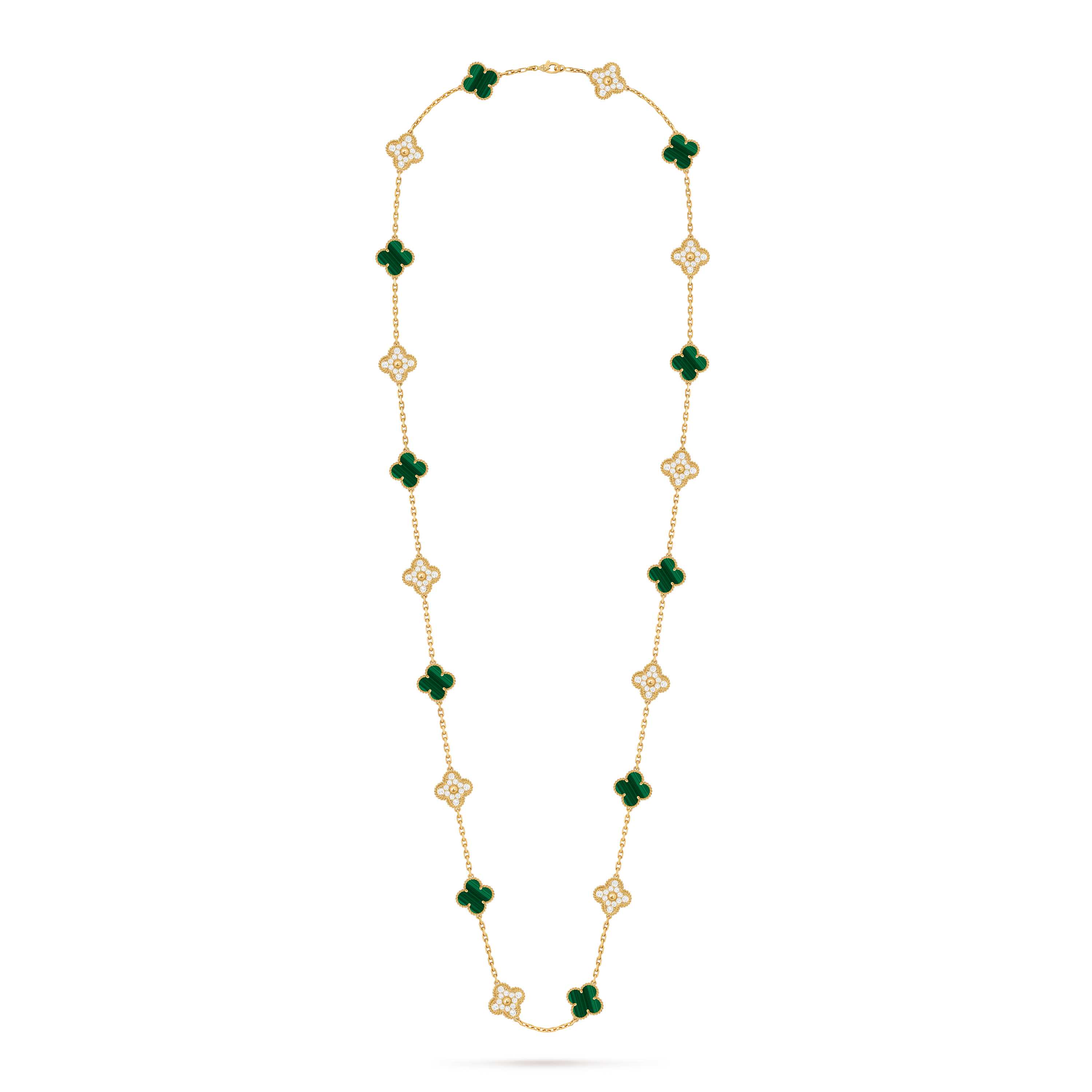 Vintage Alhambra长项链，20枚四叶幸运图案, 18K黄金, 孔雀石:  10颗, 钻石:  120颗,  4.83 克拉, Front, Jewelry Long Necklace_梵克雅宝_Van Cleef & Arpels