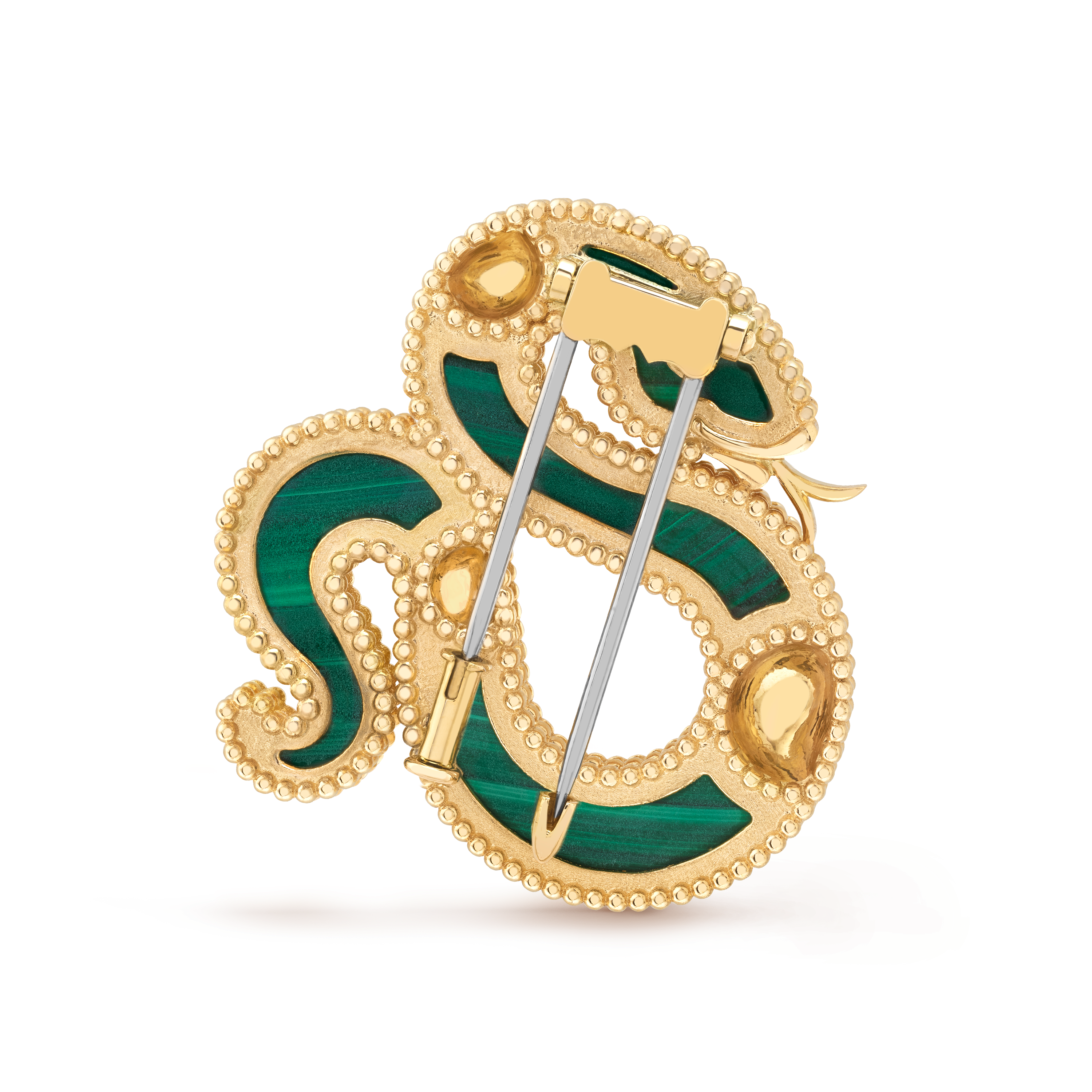 Lucky Animals Snake Clip, 18K yellow gold, Malachite:  4 stones, Onyx:  1 stone, Back, Jewelry Clip - Van Cleef & Arpels
