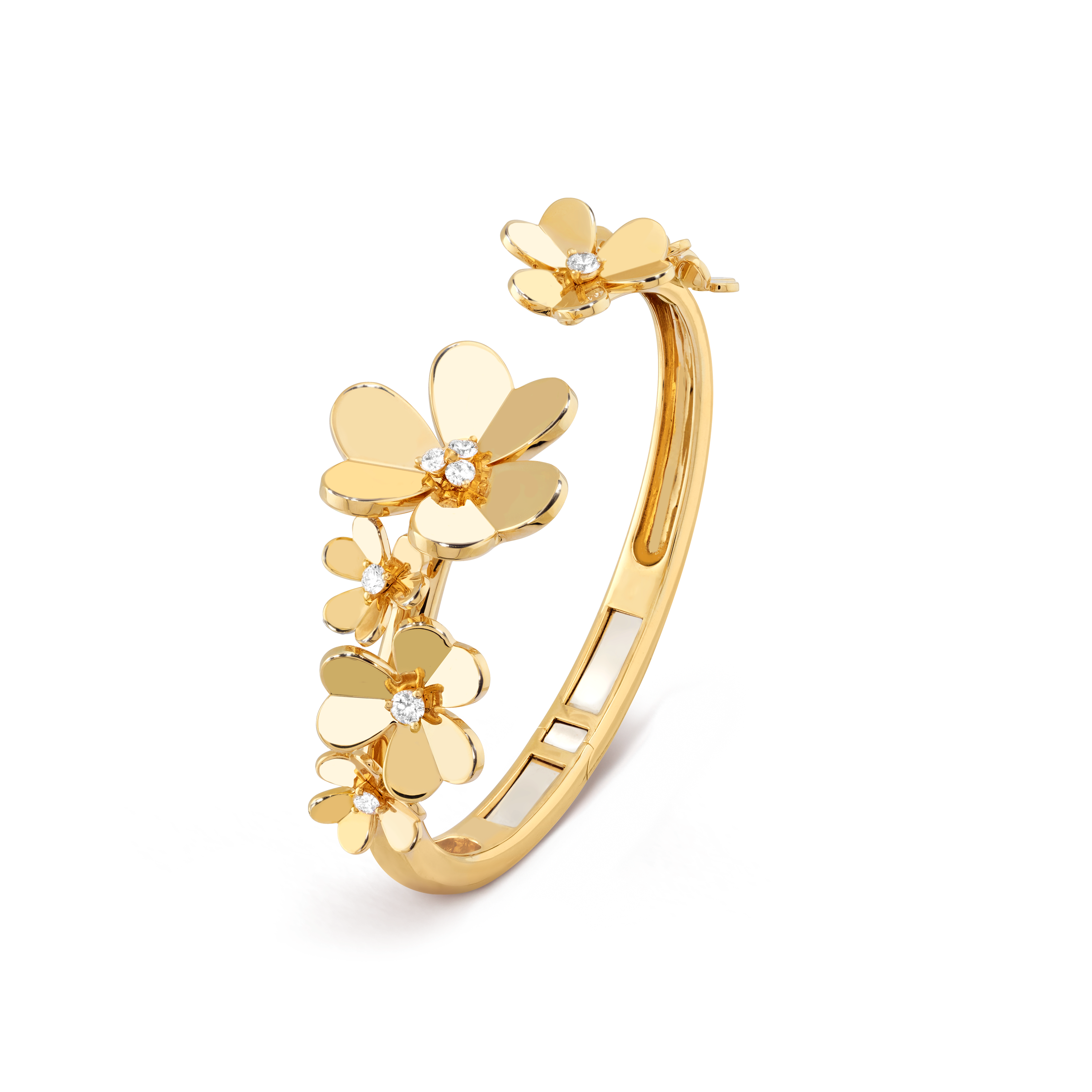 Frivole bracelet, 7 flowers, large model, 18K yellow gold, Diamond:  9 stones,  0.54 carat, Three Fourth, Jewelry Bracelet - Van Cleef & Arpels