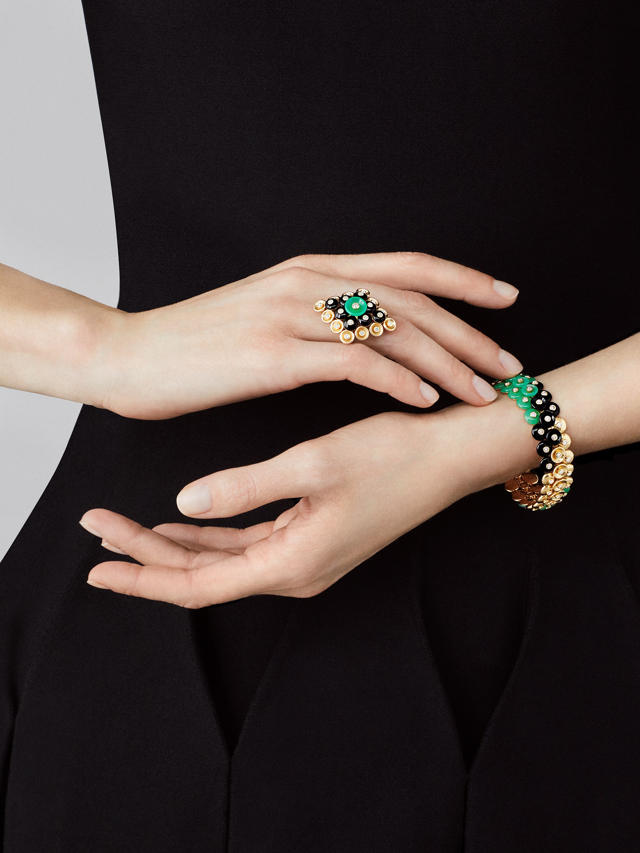 Bouton d’or bracelet, small model, 18K yellow gold, Chrysoprase:  18 stones, Diamond:  66 stones,  2.03 carats, Onyx:  15 stones, Worn Alternative, Jewelry Bracelet - Van Cleef & Arpels