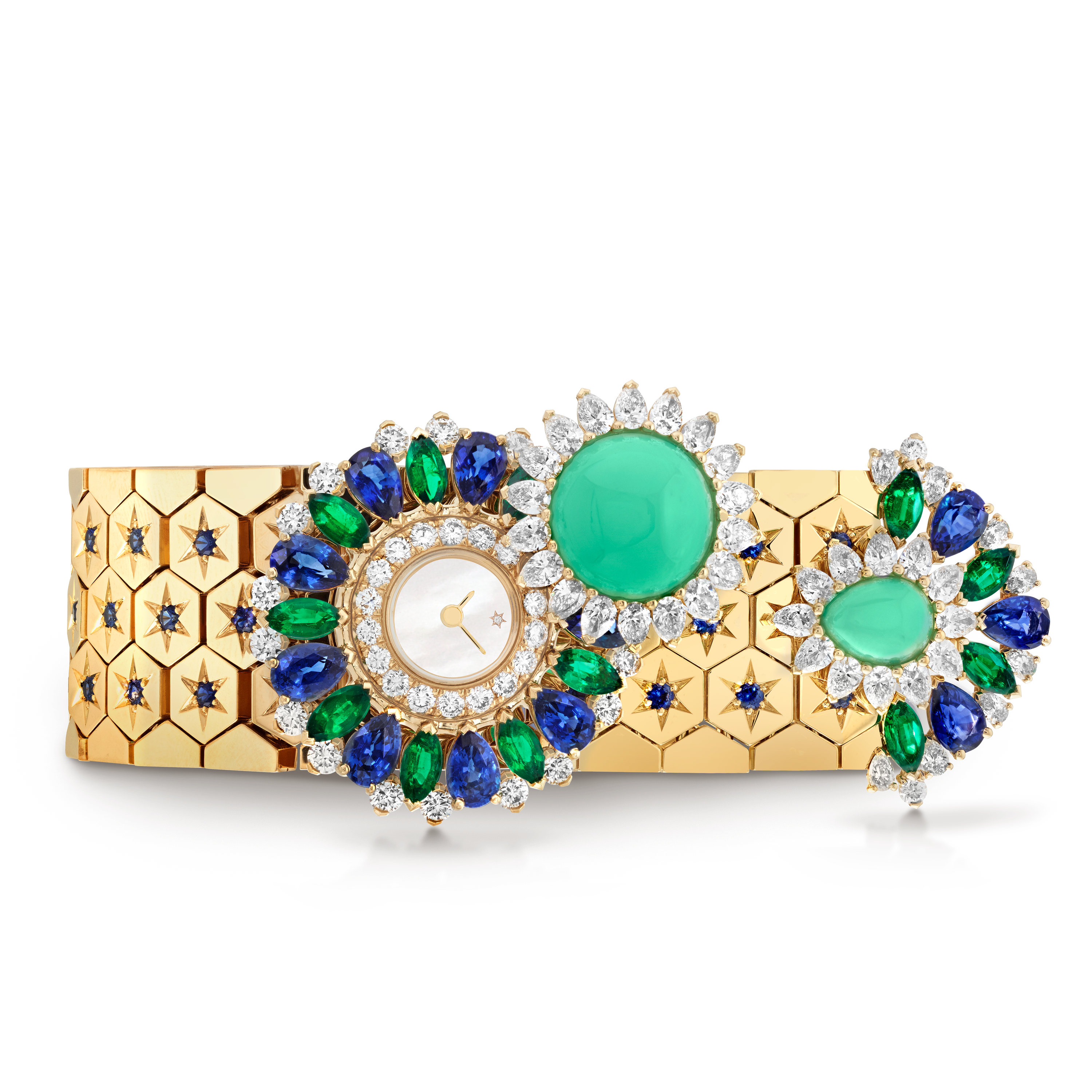 Ludo secret watch, 18K yellow gold, Chrysoprase:  2 stones, Diamond:  78 stones,  4.64 carats, Emerald:  13 stones,  2.65 carats, Mother-of-pearl:  1 stone, Sapphire:  96 stones,  9.29 carats, Front, Watch - Van Cleef & Arpels