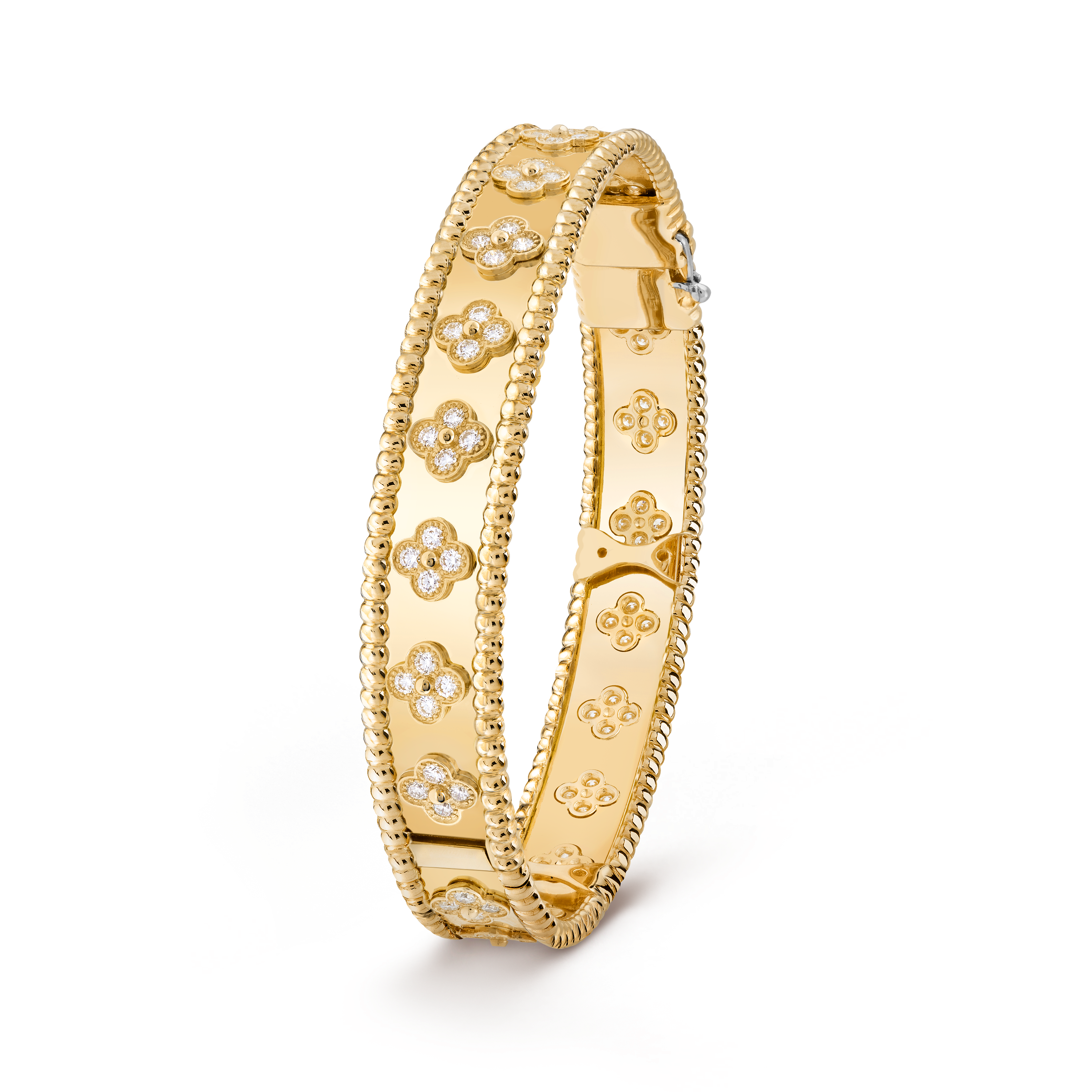 Perlée clovers bracelet, large model, 18K yellow gold, Diamond:  80 stones,  1.78 carats, Three Fourth, Jewelry Bracelet - Van Cleef & Arpels