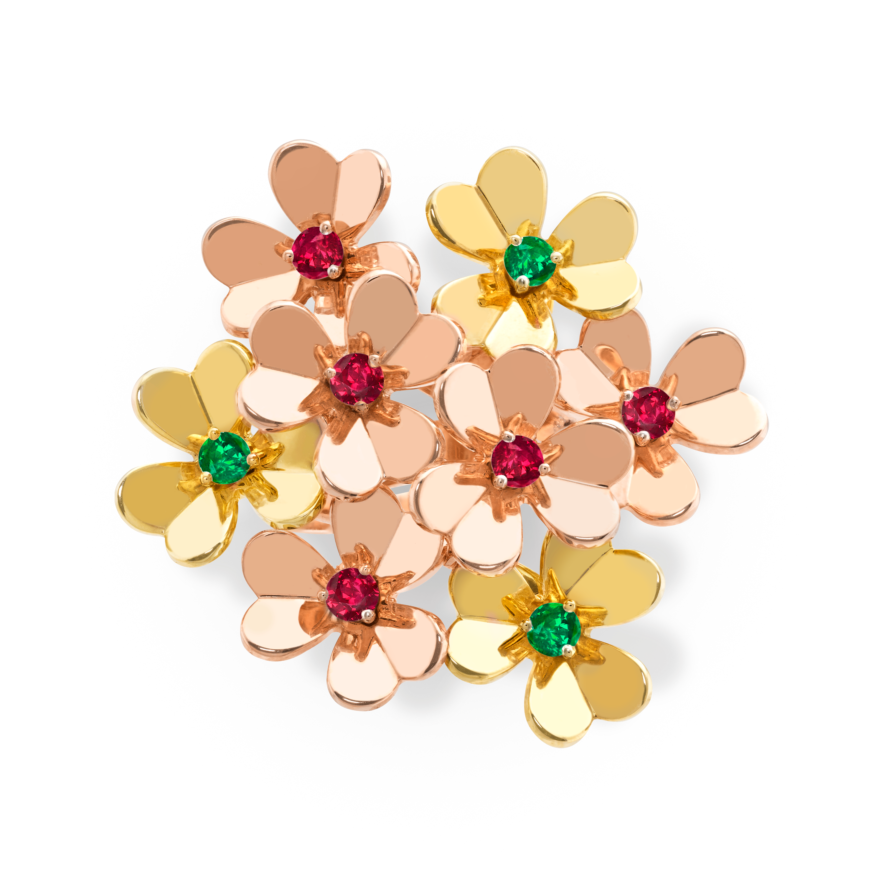 Frivole ring, 8 flowers, 18K rose gold, Emerald:  3 stones,  0.13 carat, Ruby:  5 stones,  0.35 carat, Top, Jewelry Ring - Van Cleef & Arpels