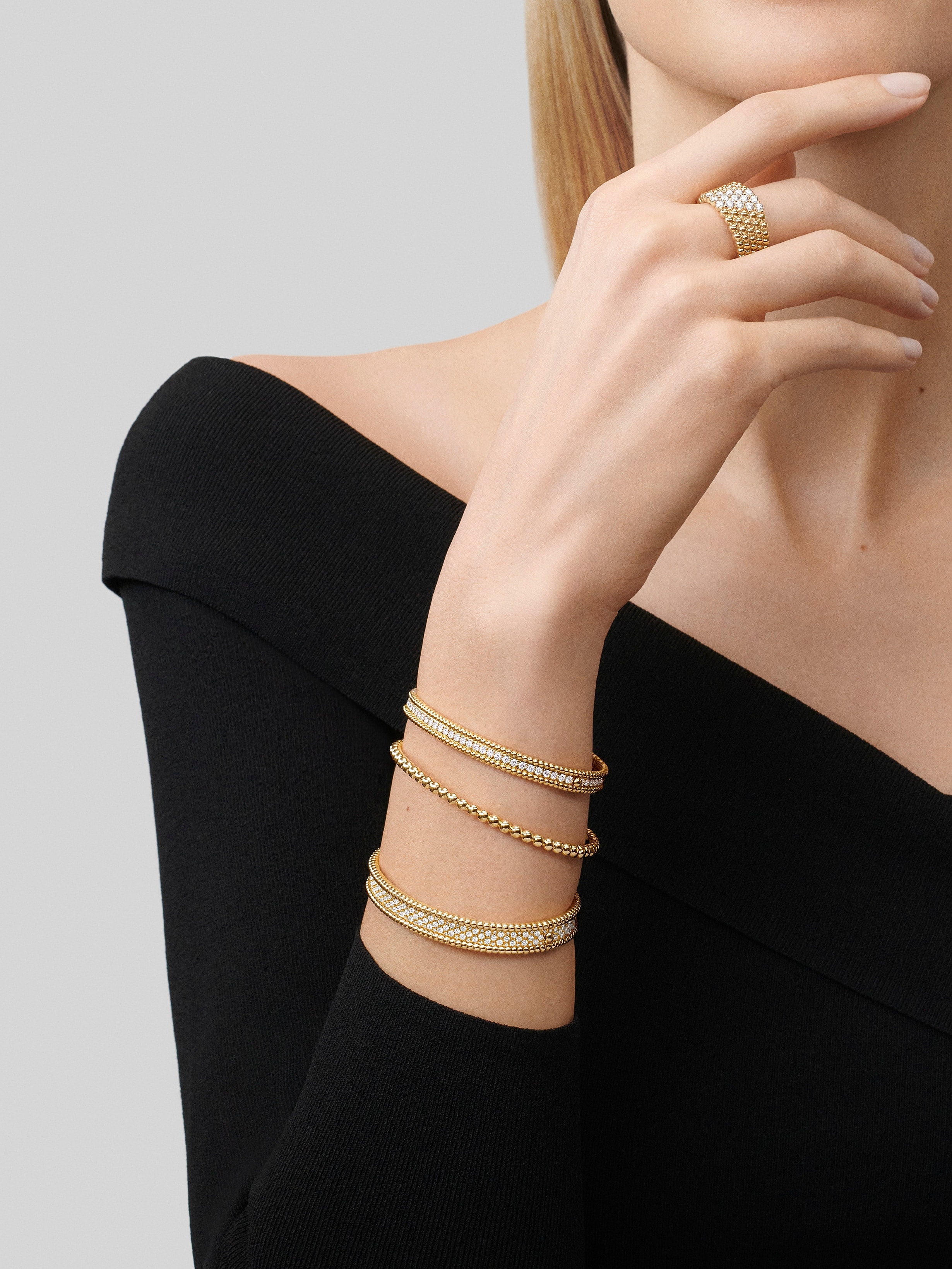 Perlée diamonds bracelet, 1 row, small model, 18K yellow gold, Diamond:  76 stones,  2.05 carats, Worn Detail, Jewelry Bracelet - Van Cleef & Arpels