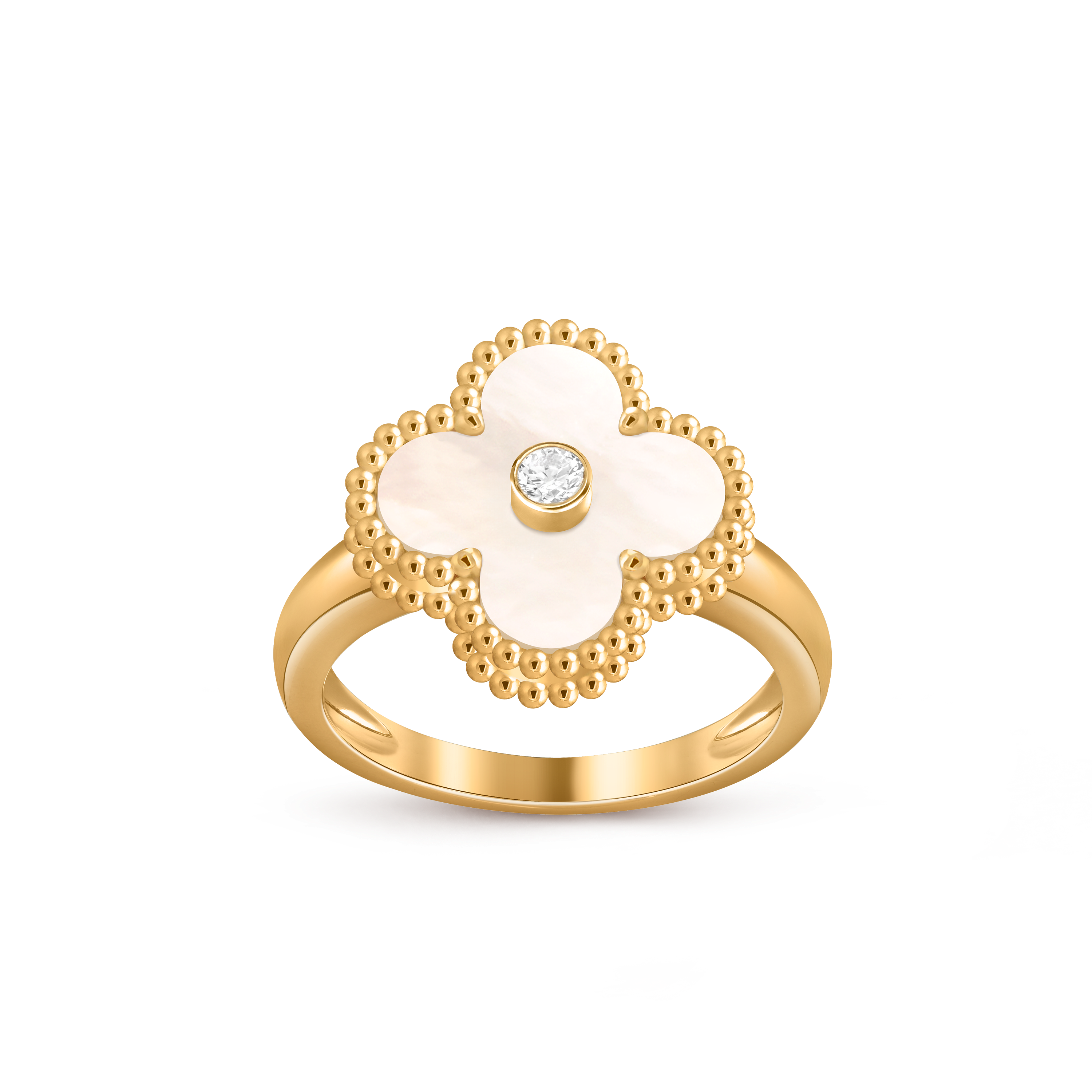 Vintage Alhambra戒指, 18K黄金, 珍珠母贝:  1 宝石, 钻石:  1 宝石,  0.05 克拉, Front, Jewelry Ring_梵克雅宝_Van Cleef & Arpels