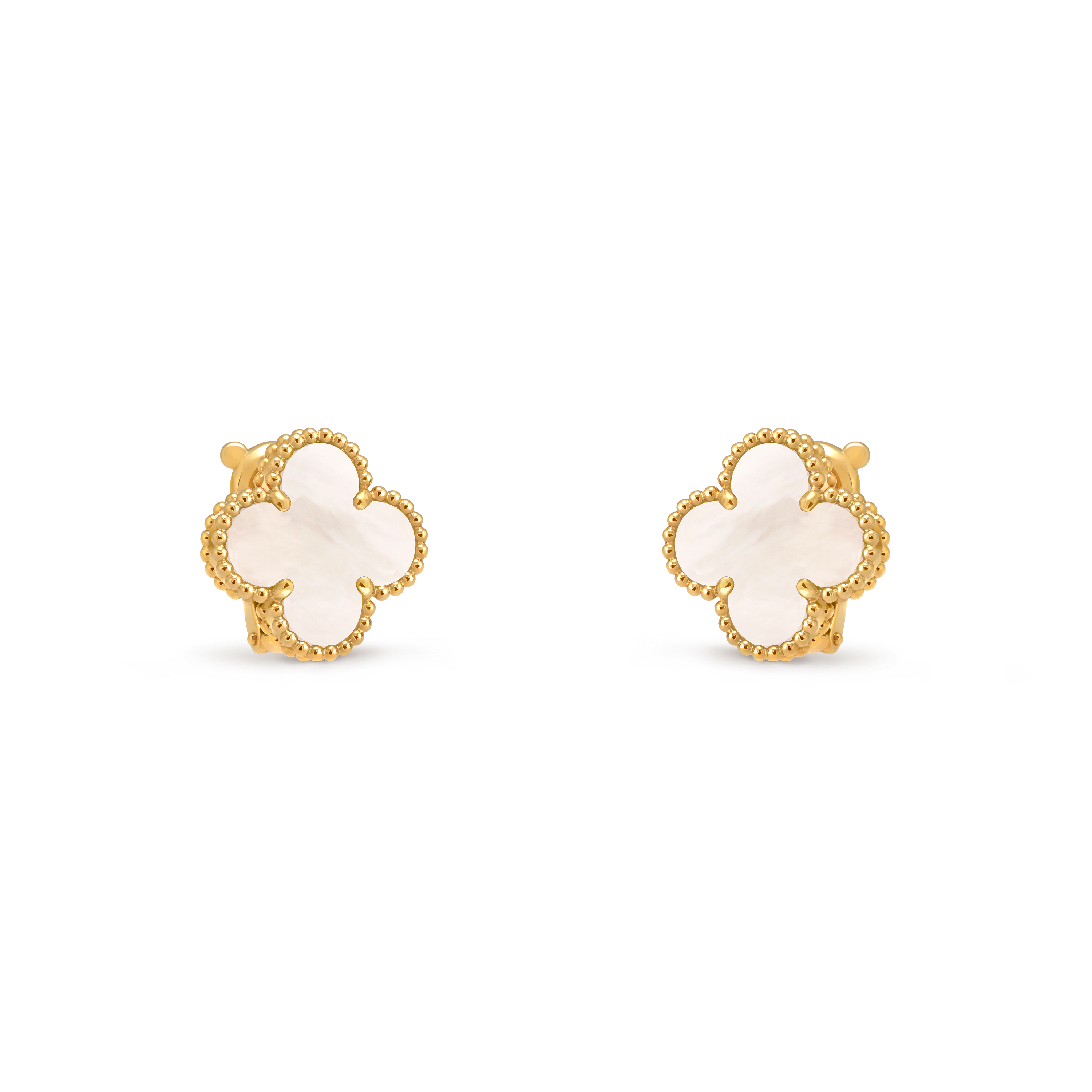 Vintage Alhambra earrings, 18K yellow gold, Mother-of-pearl:  2 stones, Three Fourth, Jewelry Earrings - Van Cleef & Arpels