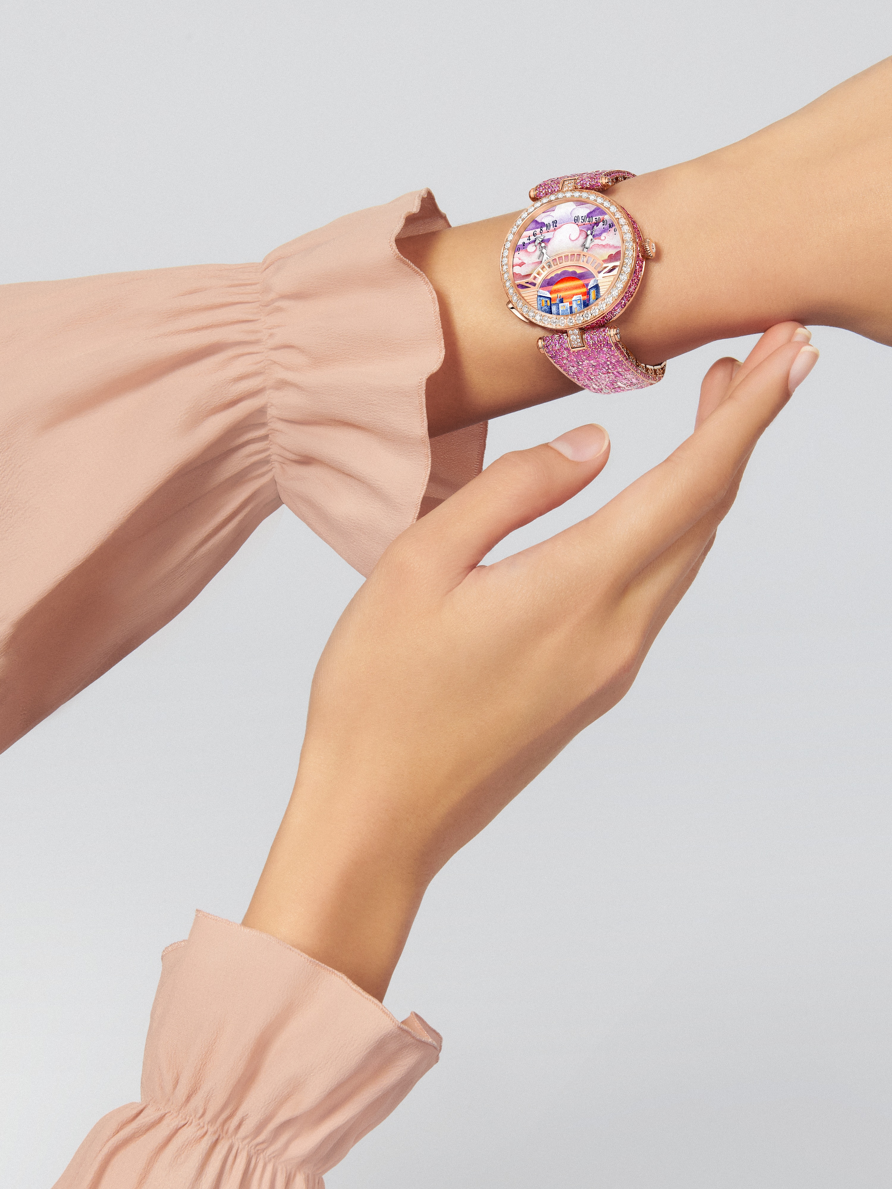 Lady Arpels Pont des Amoureux Soirée watch, 18K rose gold, Diamond:  903 stones,  11.78 carats, Sapphire:  639 stones,  18.82 carats, Worn Alternative, Watch - Van Cleef & Arpels