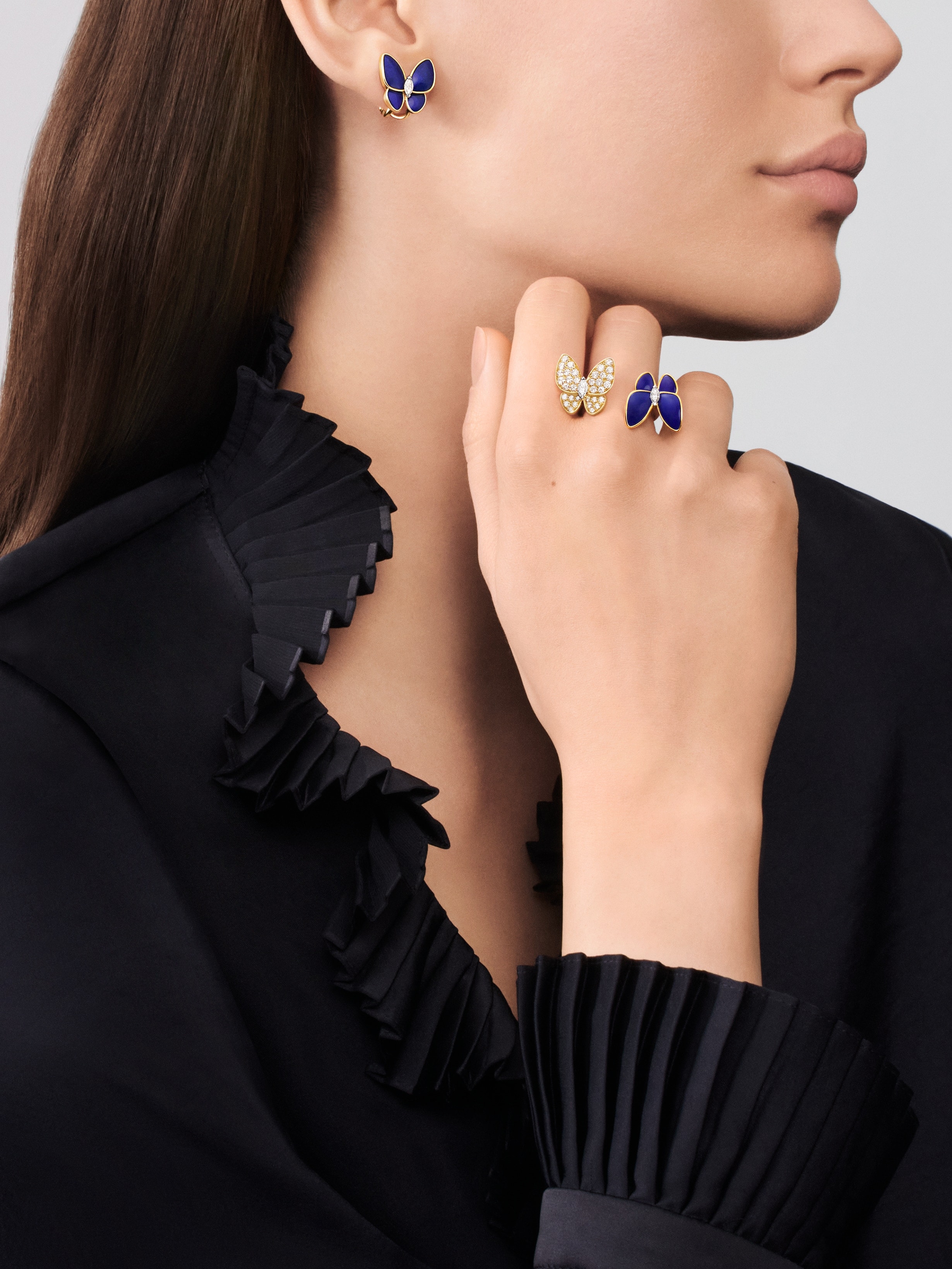 Two Butterfly earrings, 18K yellow gold, Diamond:  36 stones,  0.99 carat, Lapis Lazuli:  4 stones, Worn Detail, Jewelry Earrings - Van Cleef & Arpels