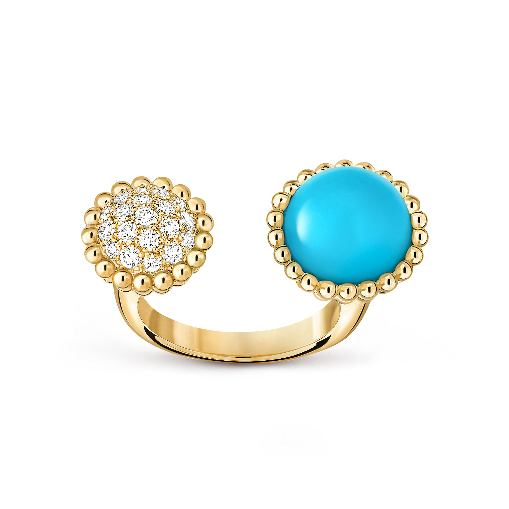 Perlée couleurs Between the Finger ring, 18K yellow gold, Diamond:  19 stones,  0.34 carat, Turquoise:  1 stone, Front, Jewelry Ring - Van Cleef & Arpels