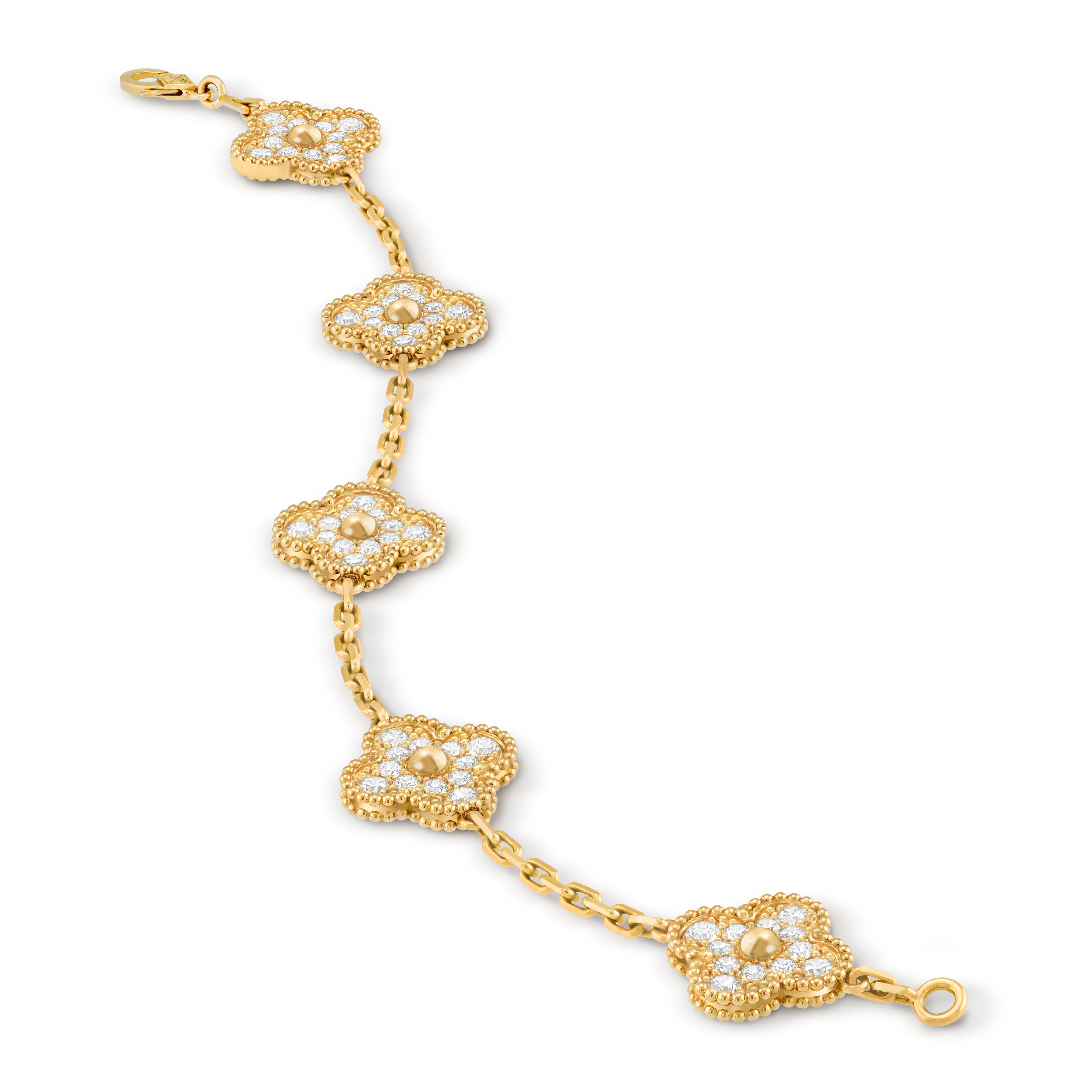 Vintage Alhambra bracelet, 5 motifs, 18K yellow gold, Diamond:  60 stones,  2.41 carats, Close Up, Jewelry Bracelet - Van Cleef & Arpels