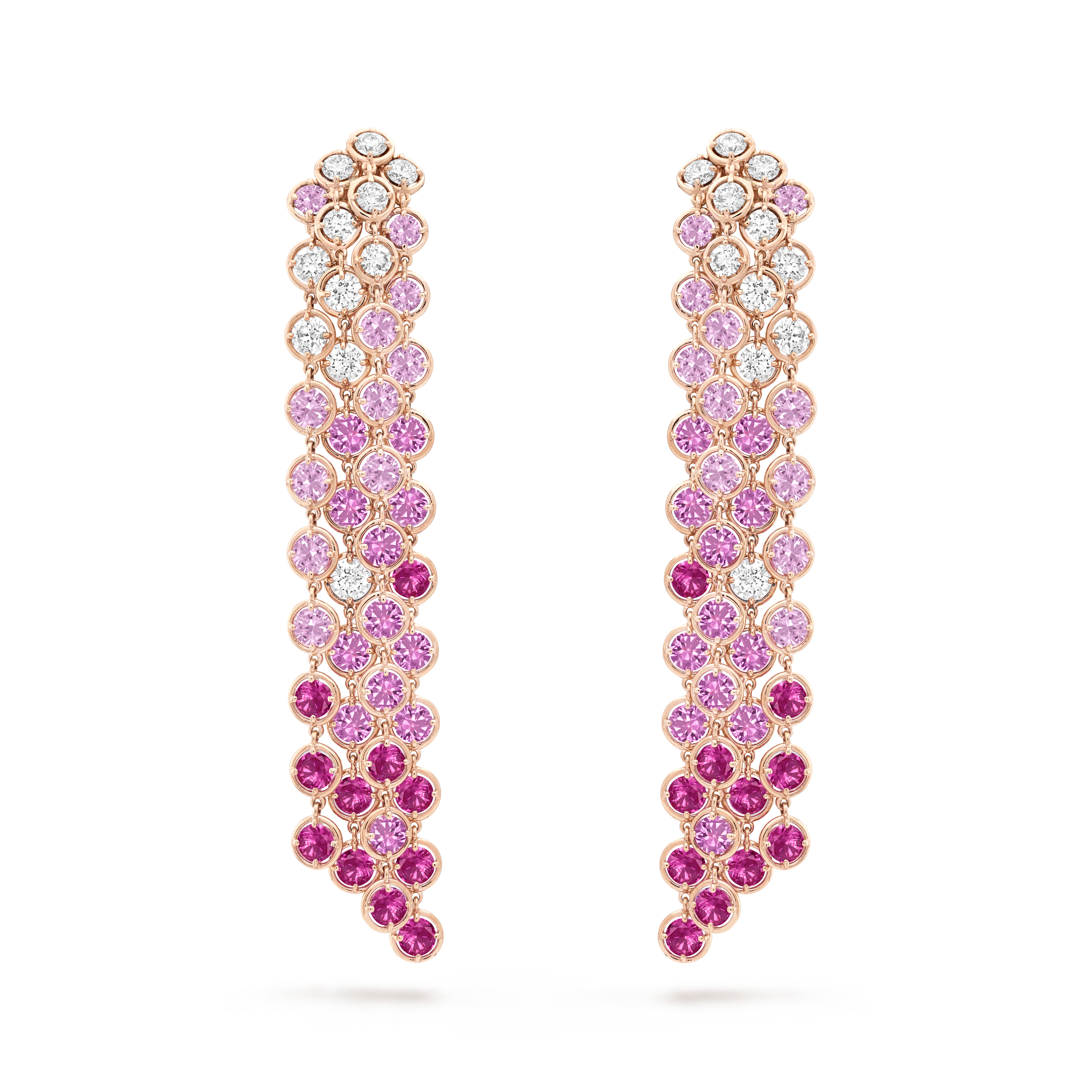 Palmyre earrings, 18K rose gold, Diamond:  22 stones,  3.87 carats, Sapphire:  68 stones,  20.64 carats, Front, High Jewelry Earrings - Van Cleef & Arpels