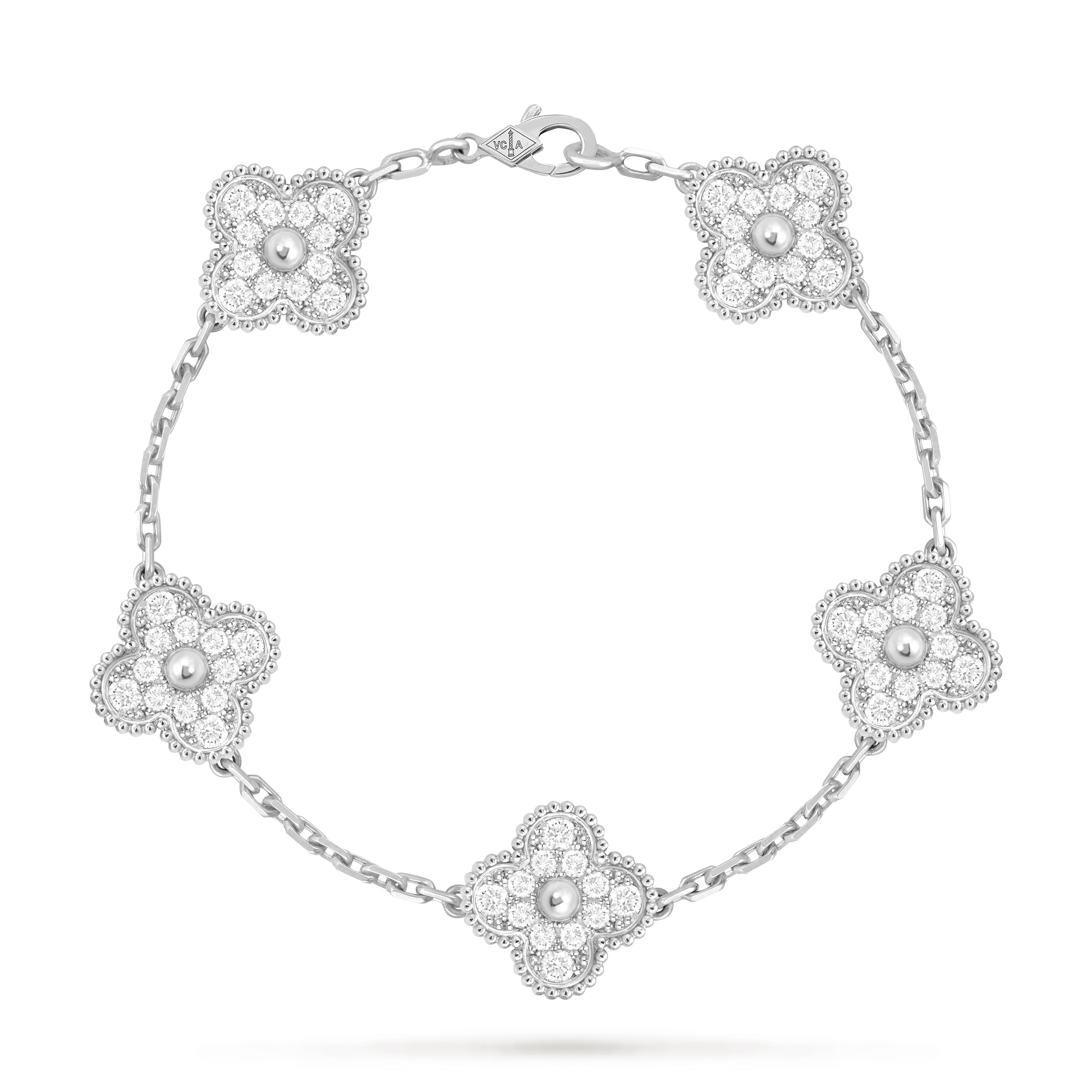 Vintage Alhambra bracelet, 5 motifs, 18K white gold, Diamond:  60 stones,  2.41 carats, Front, Jewelry Bracelet - Van Cleef & Arpels