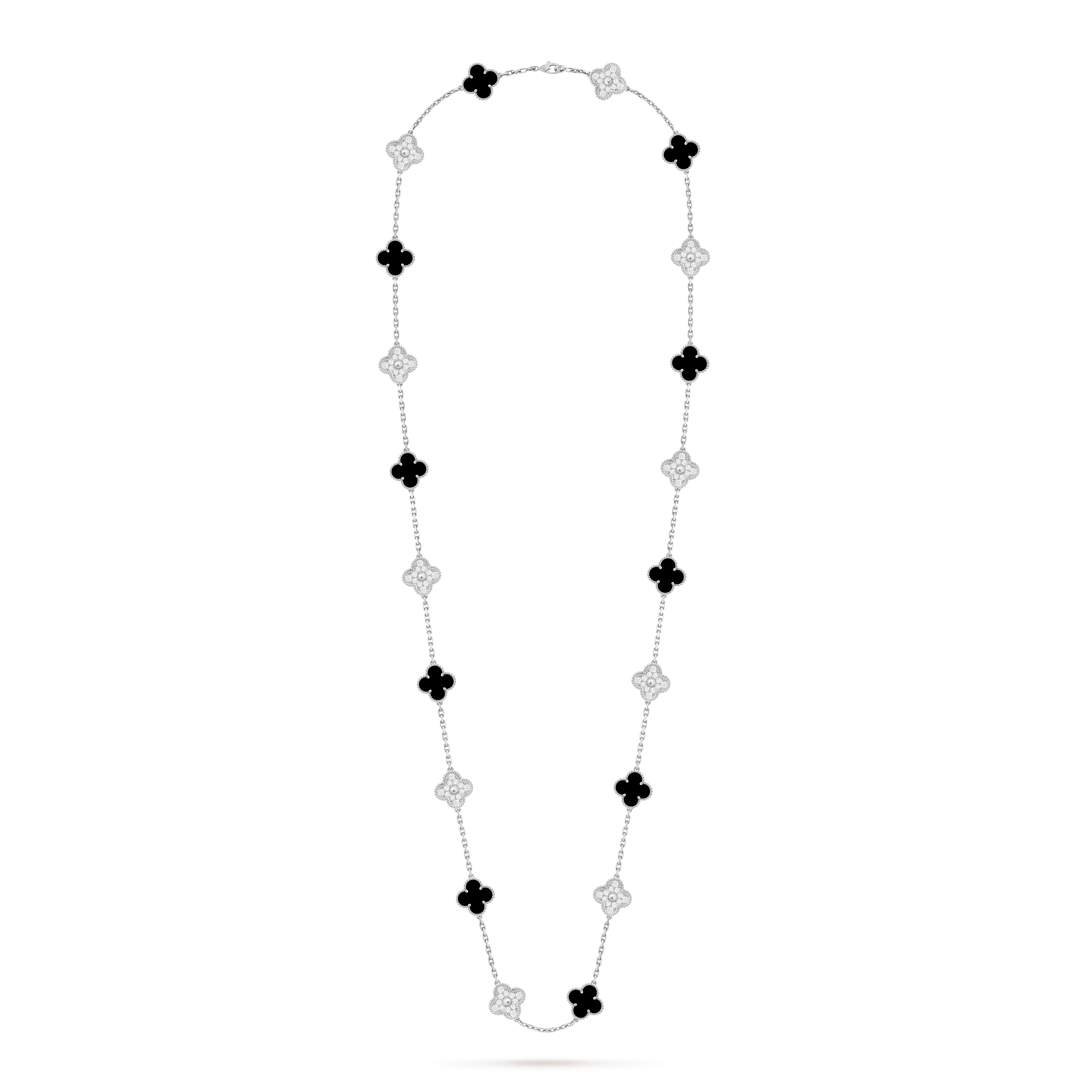 Vintage Alhambra长项链，20枚四叶幸运图案, 18K白金, 缟玛瑙:  10颗, 钻石:  120颗,  4.83 克拉, Front, Jewelry Long Necklace_梵克雅宝_Van Cleef & Arpels