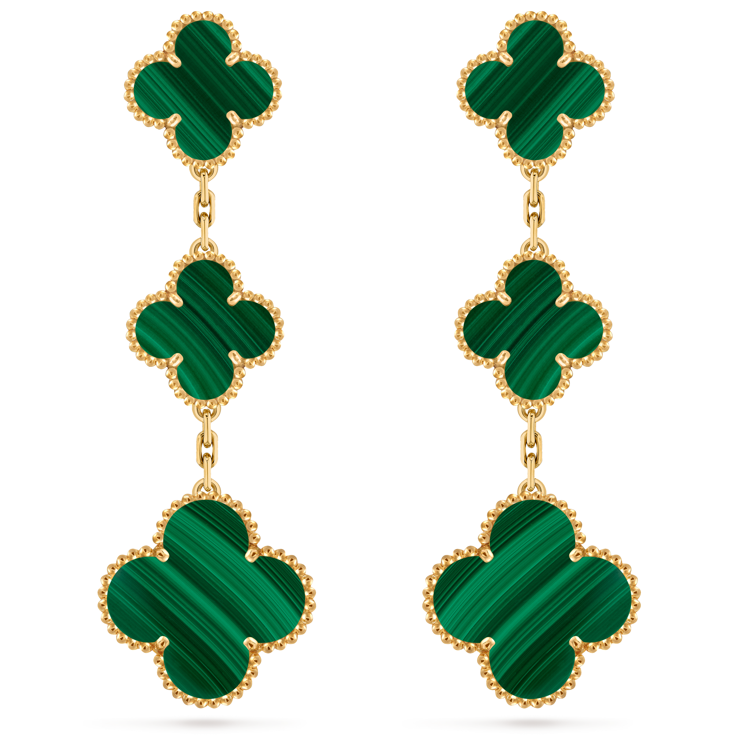 Magic Alhambra耳环，3枚四叶幸运图案, 18K黄金, 孔雀石:  6颗, Front, Jewelry Earrings_梵克雅宝_Van Cleef & Arpels