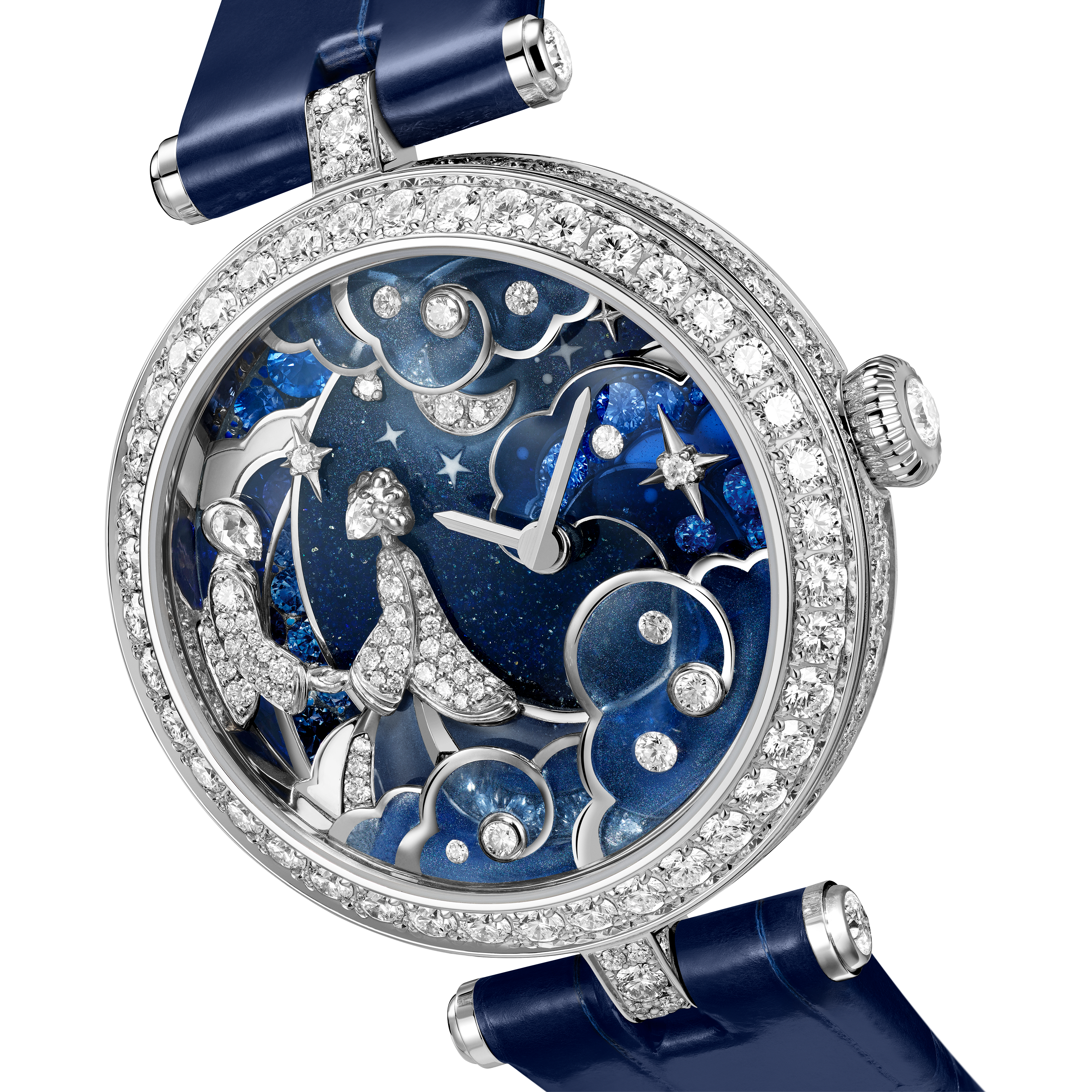 Lady Rencontre Céleste watch, 18K white gold, Diamond:  412 stones,  4.71 carats, Mother-of-pearl:  5 stones, Sapphire:  31 stones,  1.42 carats, Three Fourth, Watch - Van Cleef & Arpels