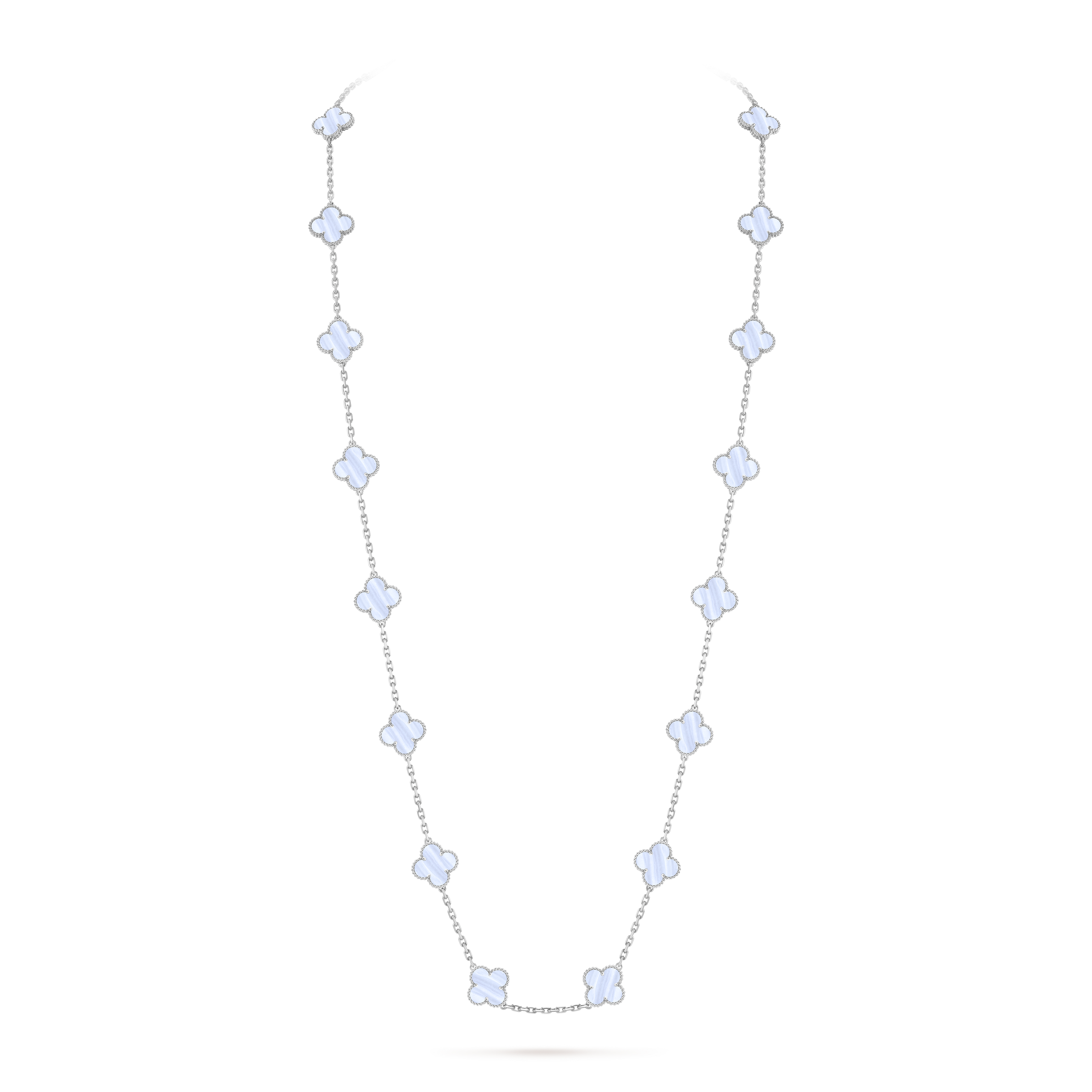 Vintage Alhambra long necklace, 20 motifs, 18K white gold, Chalcedony:  20 stones, On Stand, Jewelry Long Necklace - Van Cleef & Arpels