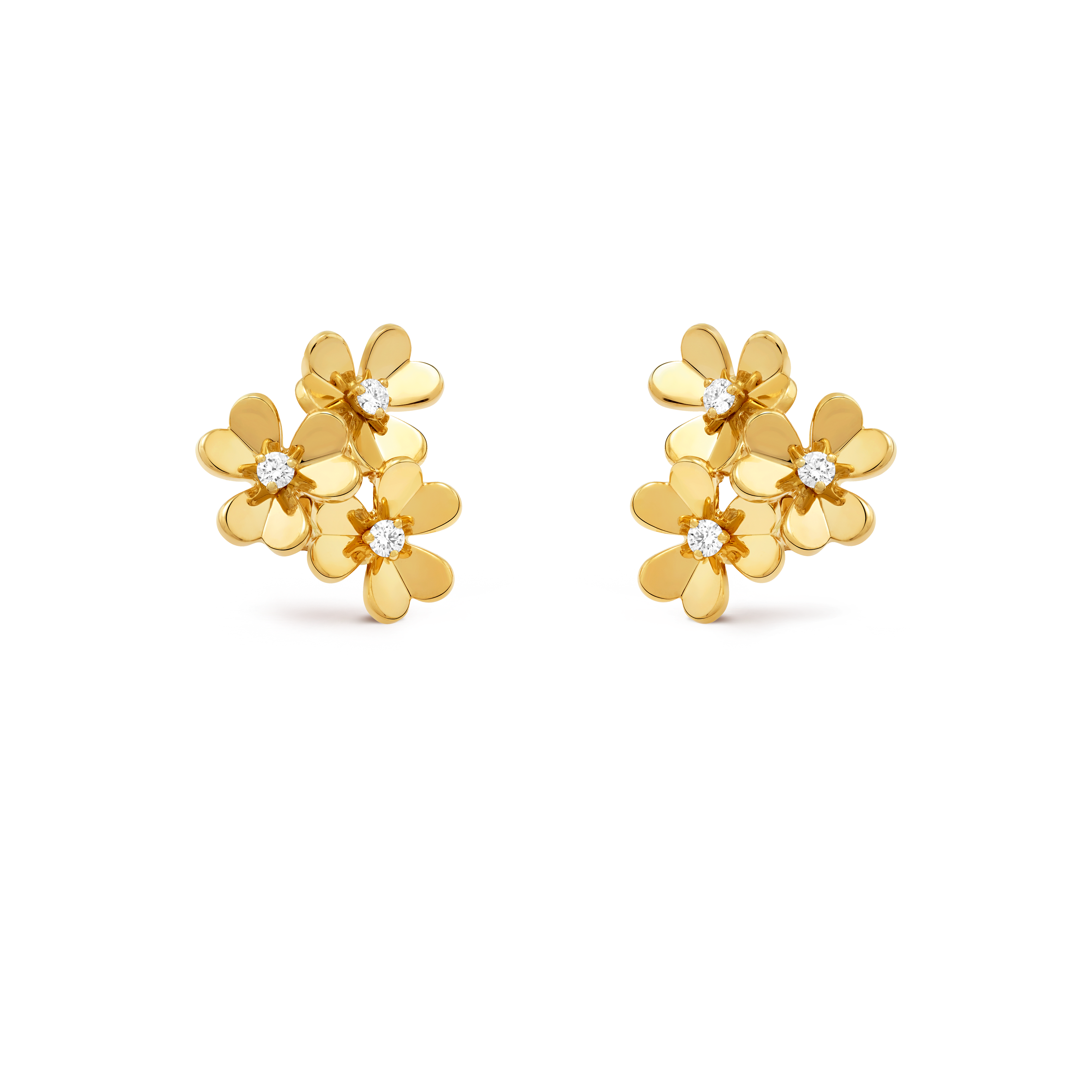 Frivole earrings, 3 flowers, mini model, 18K yellow gold, Diamond:  6 stones,  0.32 carat, Three Fourth, Jewelry Earrings - Van Cleef & Arpels