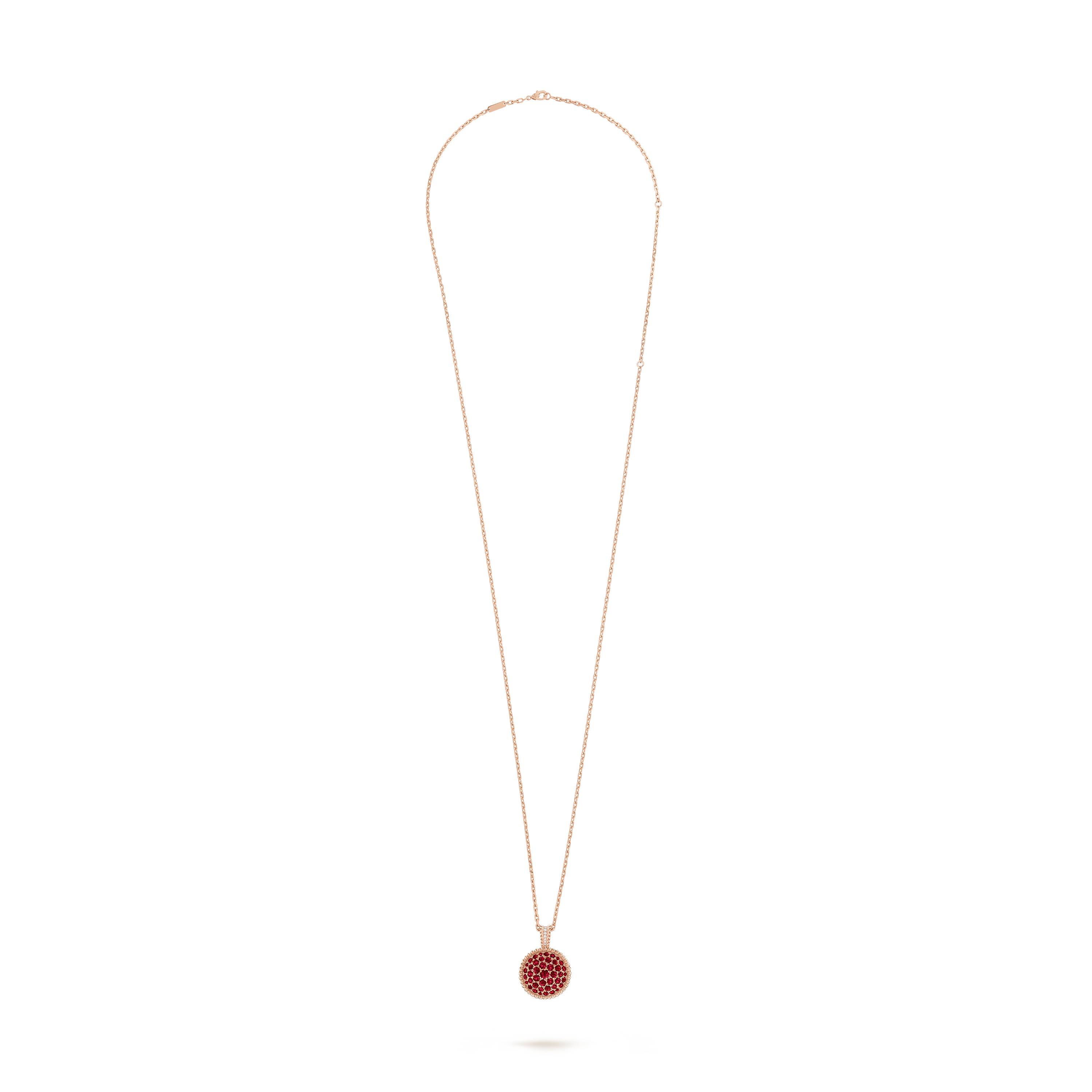Perlée secret pendant watch, 18K rose gold, Diamond:  40 stones,  0.92 carat, Mother-of-pearl:  1 stone, Ruby:  43 stones,  5.23 carats, Detail, Watch - Van Cleef & Arpels
