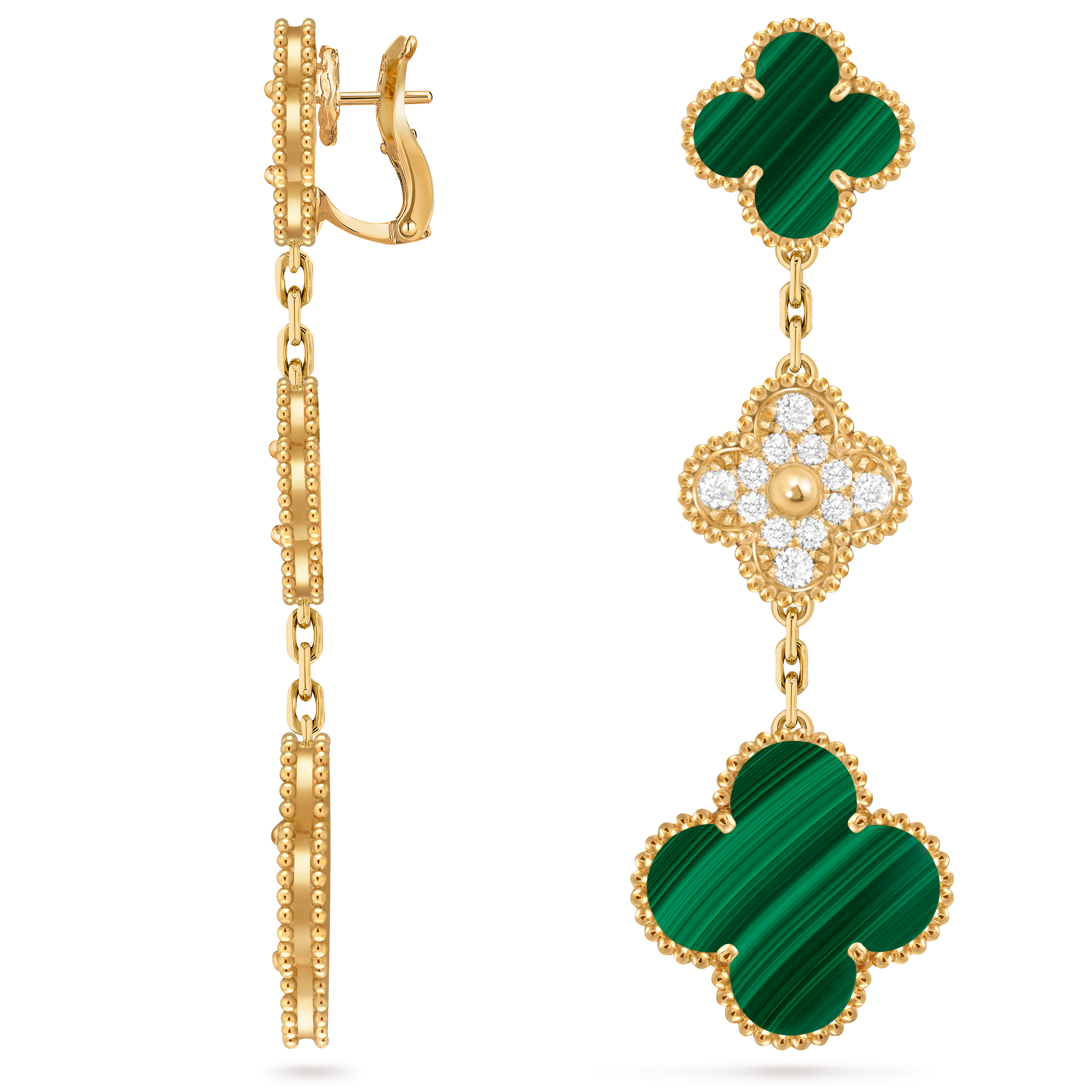 Magic Alhambra耳环，3图案, 18K黄金, 孔雀石:  4颗, 钻石:  24颗,  0.96 克拉, Three Fourth, Jewelry Earrings_梵克雅宝_Van Cleef & Arpels