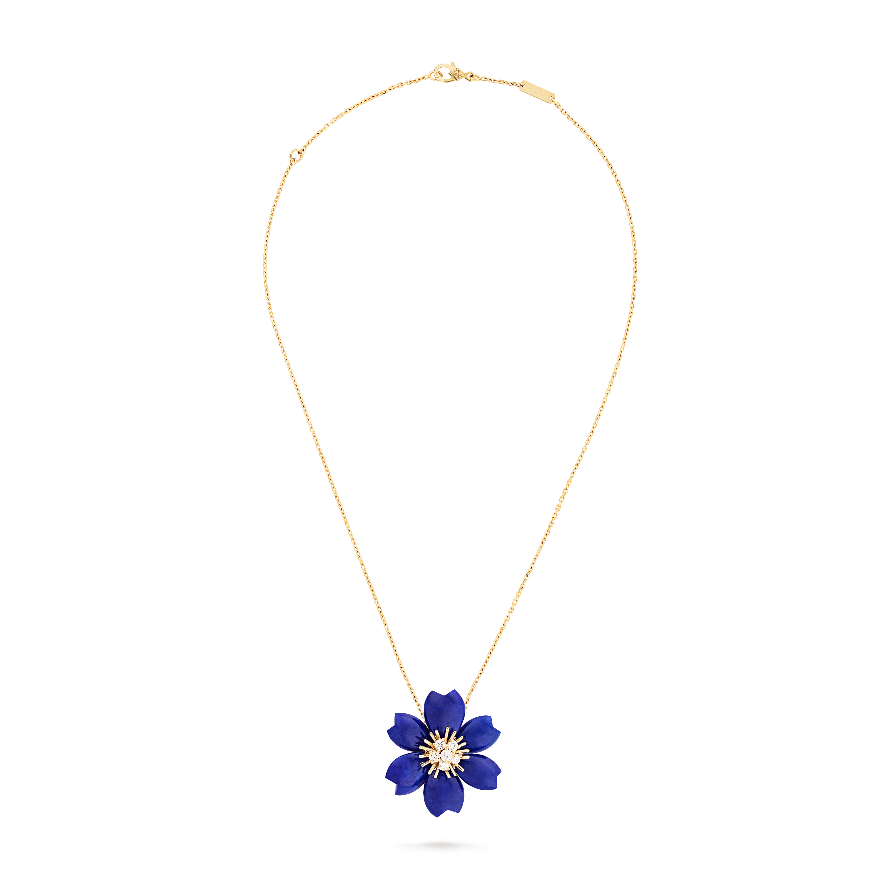 Rose de Noël clip pendant, small model, 18K yellow gold, Diamond:  6 stones,  0.48 carat, Lapis Lazuli:  6 stones, Front, Jewelry Clip Pendant - Van Cleef & Arpels