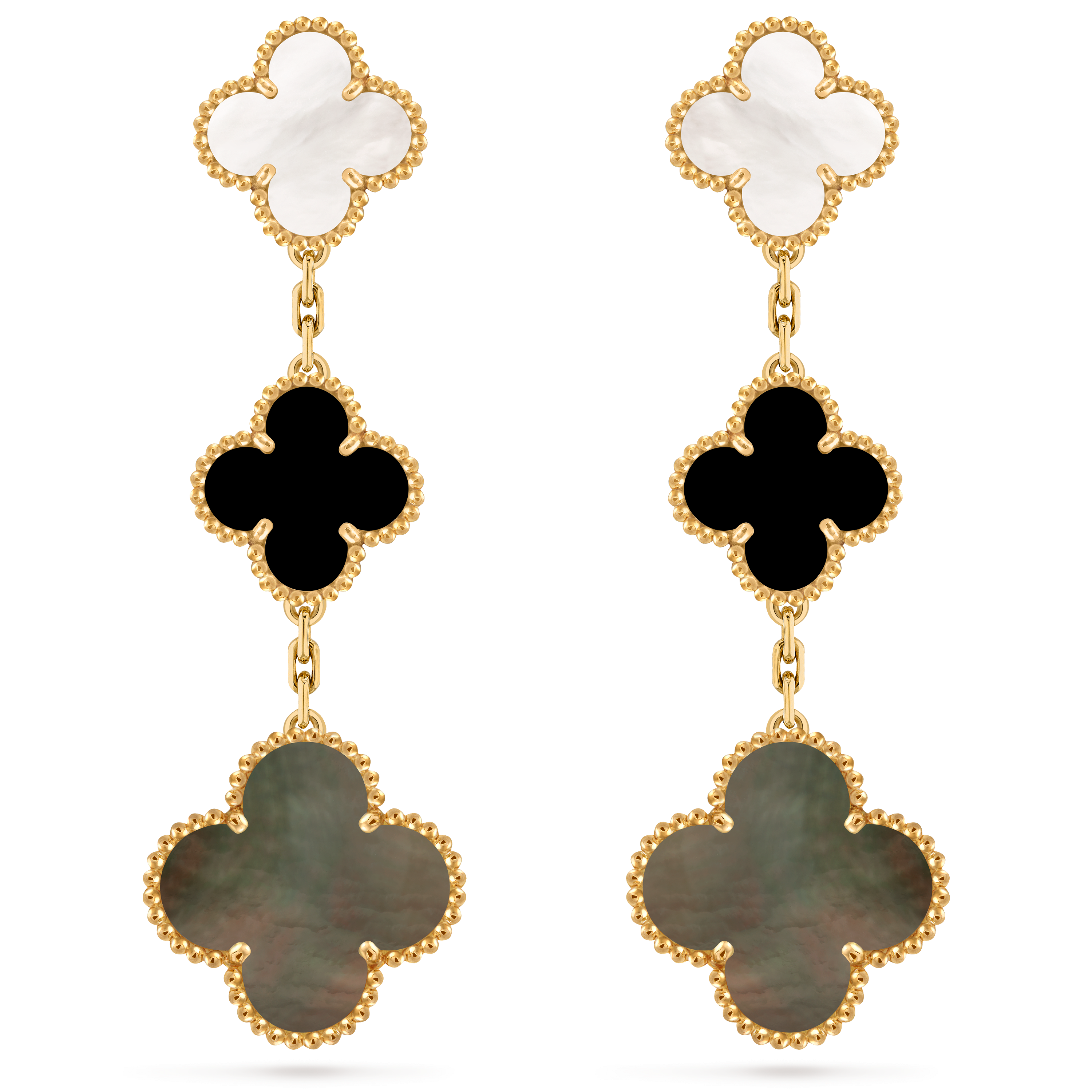 Magic Alhambra耳环，3枚四叶幸运图案, 18K黄金, 珍珠母贝:  4颗, 缟玛瑙:  2颗, Front, Jewelry Earrings_梵克雅宝_Van Cleef & Arpels