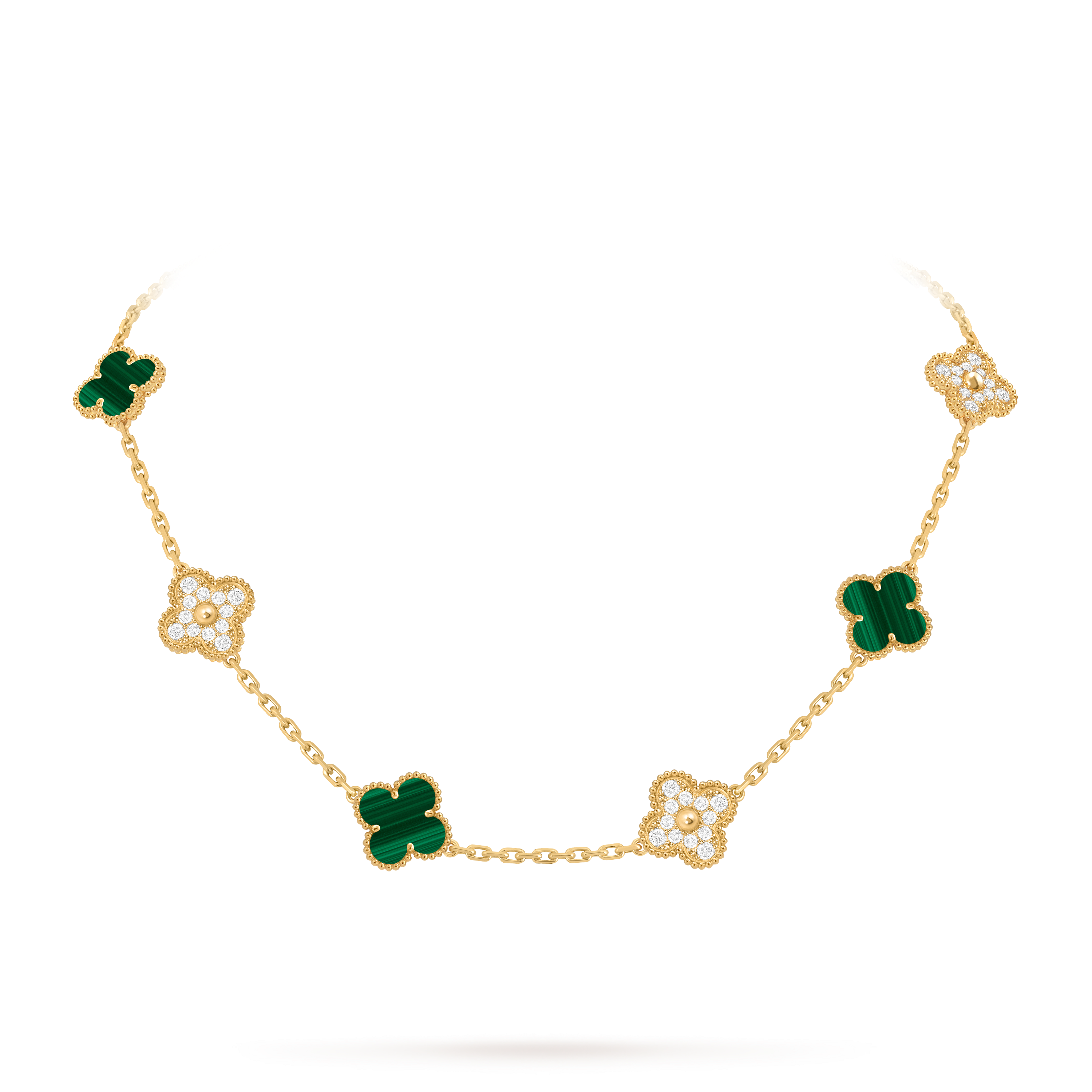 Vintage Alhambra necklace, 10 motifs, 18K yellow gold, Diamond:  60 stones,  2.41 carats, Malachite:  5 stones, On Stand, Jewelry Necklace - Van Cleef & Arpels