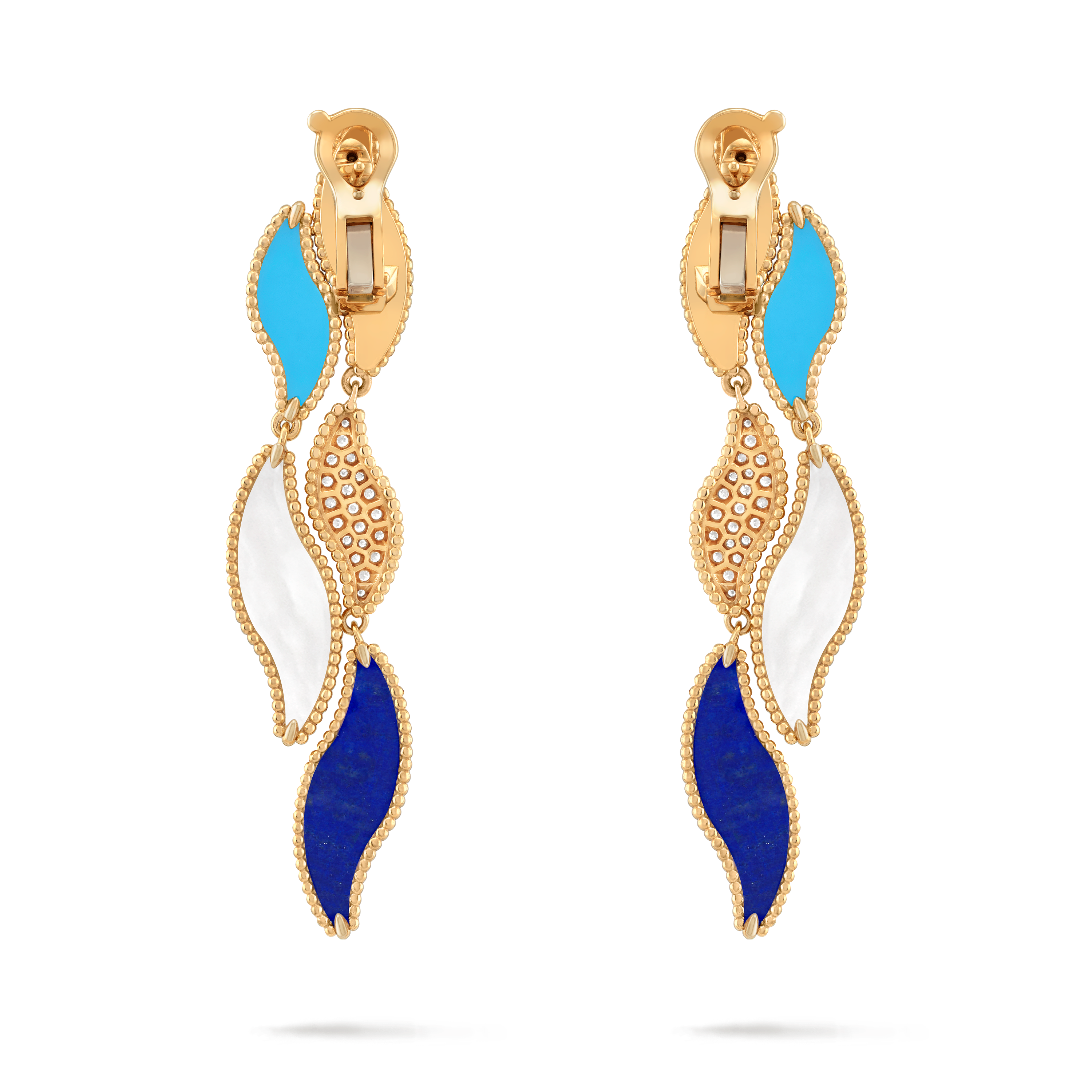 Lucky Summer Wave耳环, 18K黄金, 珍珠母贝:  2颗, 绿松石:  2颗, 钻石:  42颗,  0.46 克拉, 青金石:  2颗, Profile, Jewelry Earrings_梵克雅宝_Van Cleef & Arpels