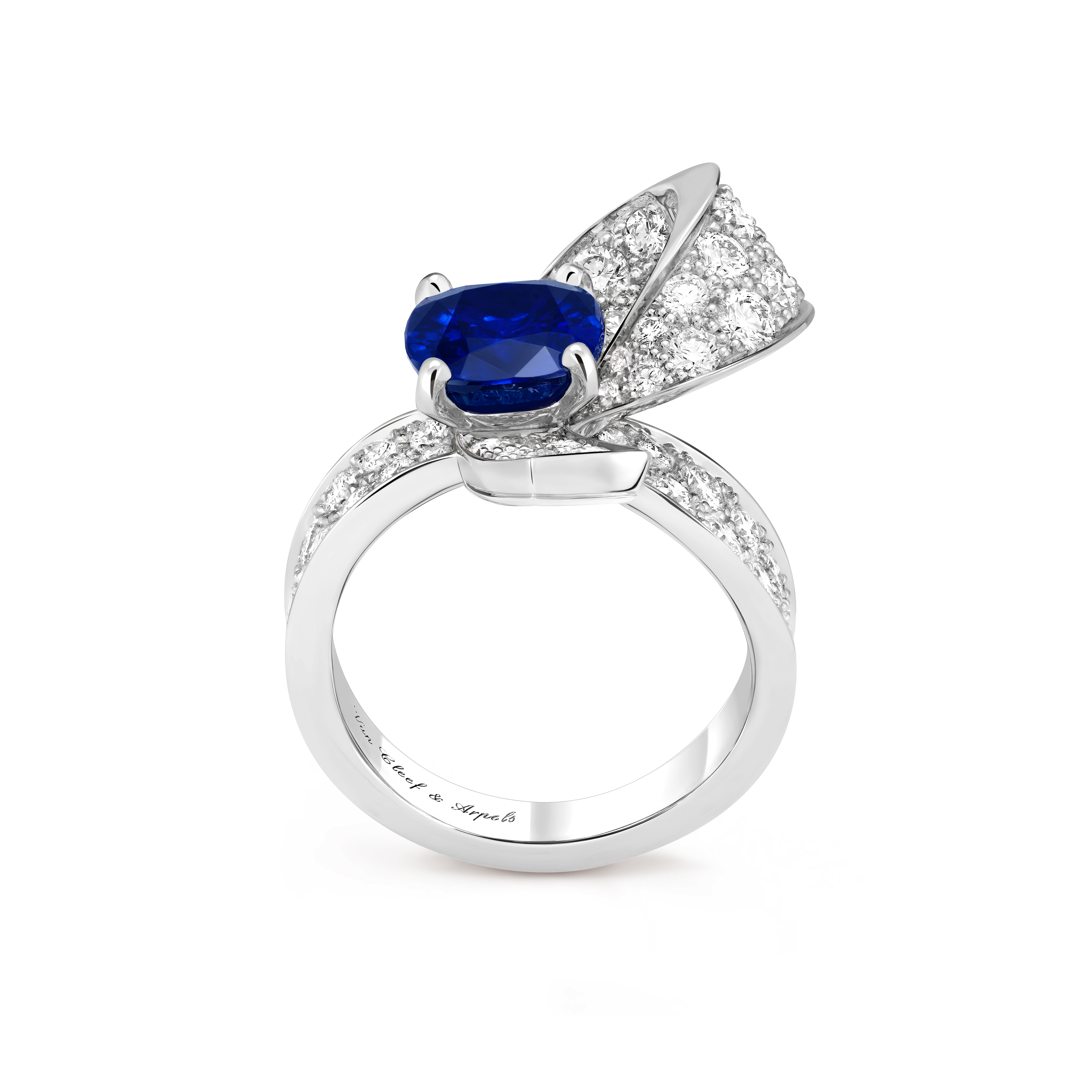 Boucle solitaire Sapphire 2.83 cts, Platinum, Diamond:  54 stones,  1.95 carats, Sapphire:  1 stone,  2.83 carats, Profile, High Jewelry Ring - Van Cleef & Arpels
