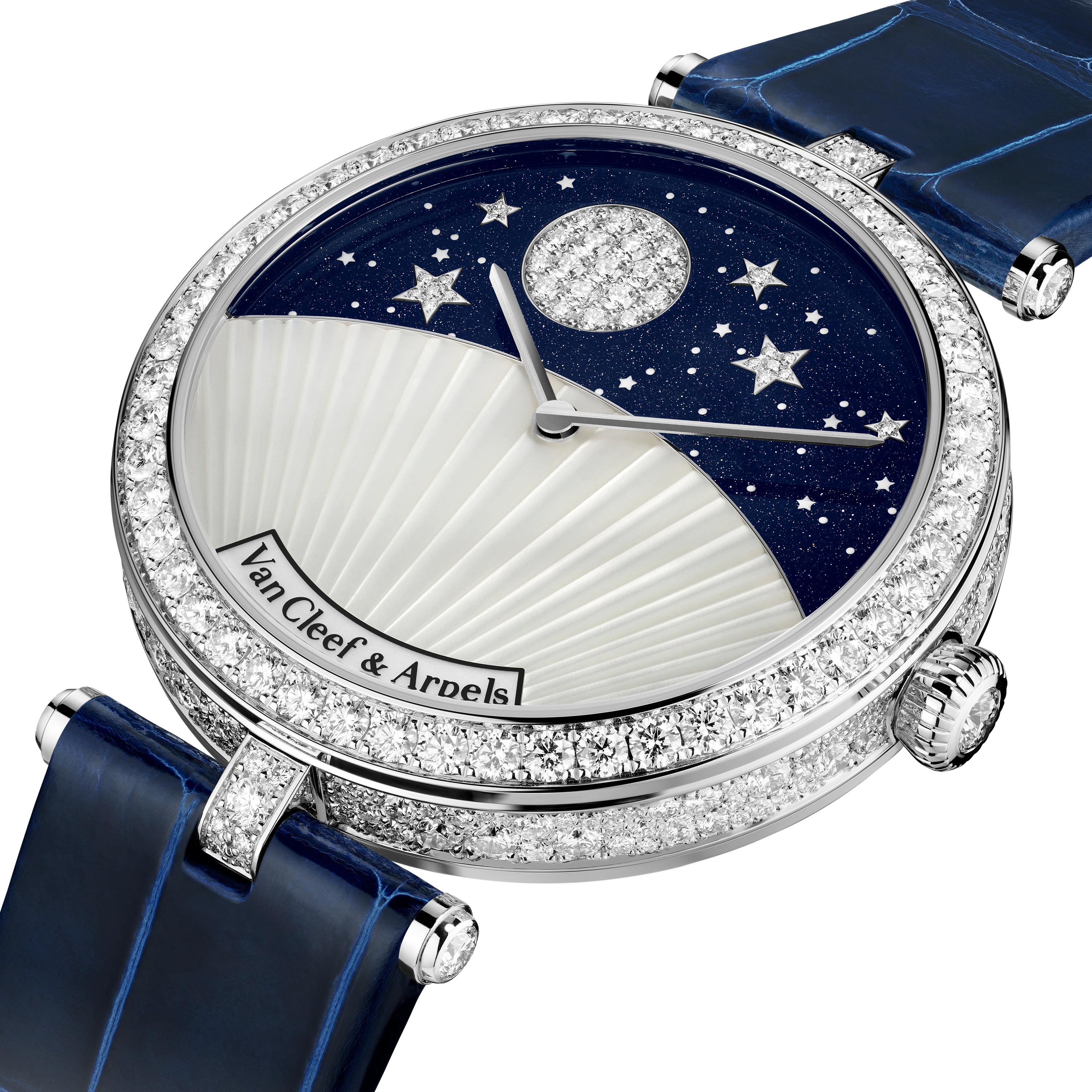 Lady Arpels Jour Nuit, 18K white gold, Aventurine:  1 stone, Diamond:  374 stones,  4.98 carats, Mother-of-pearl:  1 stone, Sapphire:  43 stones,  0.36 carat, Detail, Watch - Van Cleef & Arpels
