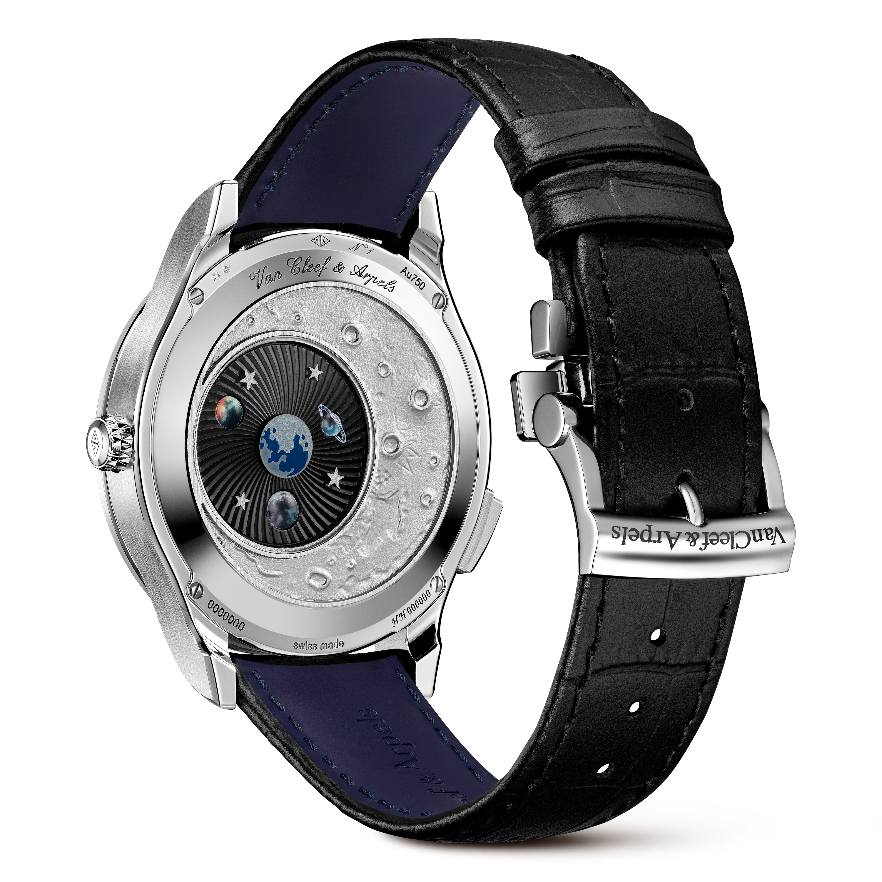 Midnight Jour Nuit Phase de Lune watch, 18K white gold, Aventurine:  2 stones, Mother-of-pearl:  2 stones, Back, Watch - Van Cleef & Arpels