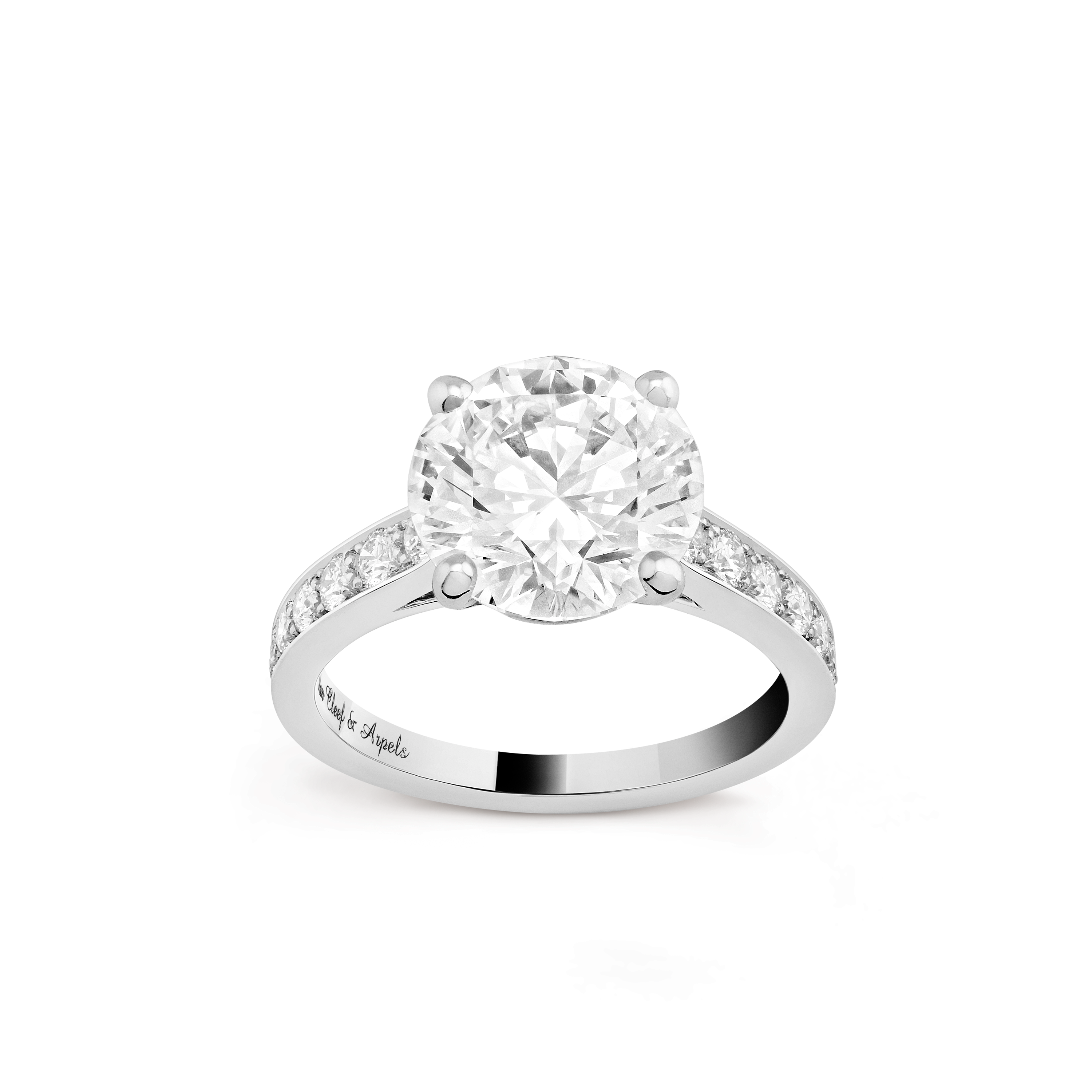 Romance solitaire, 3.6 ct DVVS1, Platinum, Diamond:  17 stones,  4.06 carats, Front, High Jewelry Ring - Van Cleef & Arpels