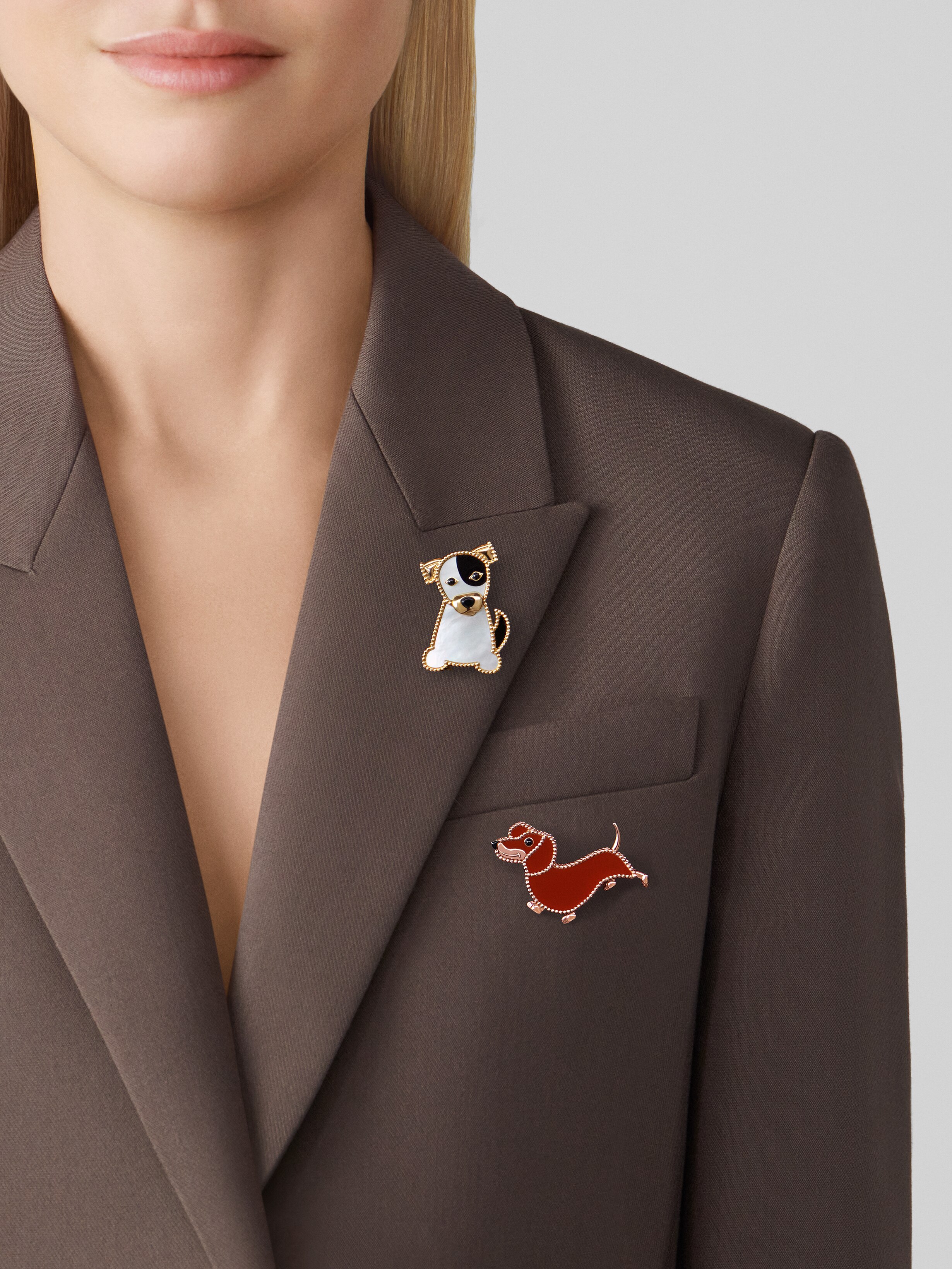 Lucky Animals Dog clip, 18K yellow gold, Mother-of-pearl:  2 stones, Onyx:  5 stones, Worn Alternative, Jewelry Clip - Van Cleef & Arpels