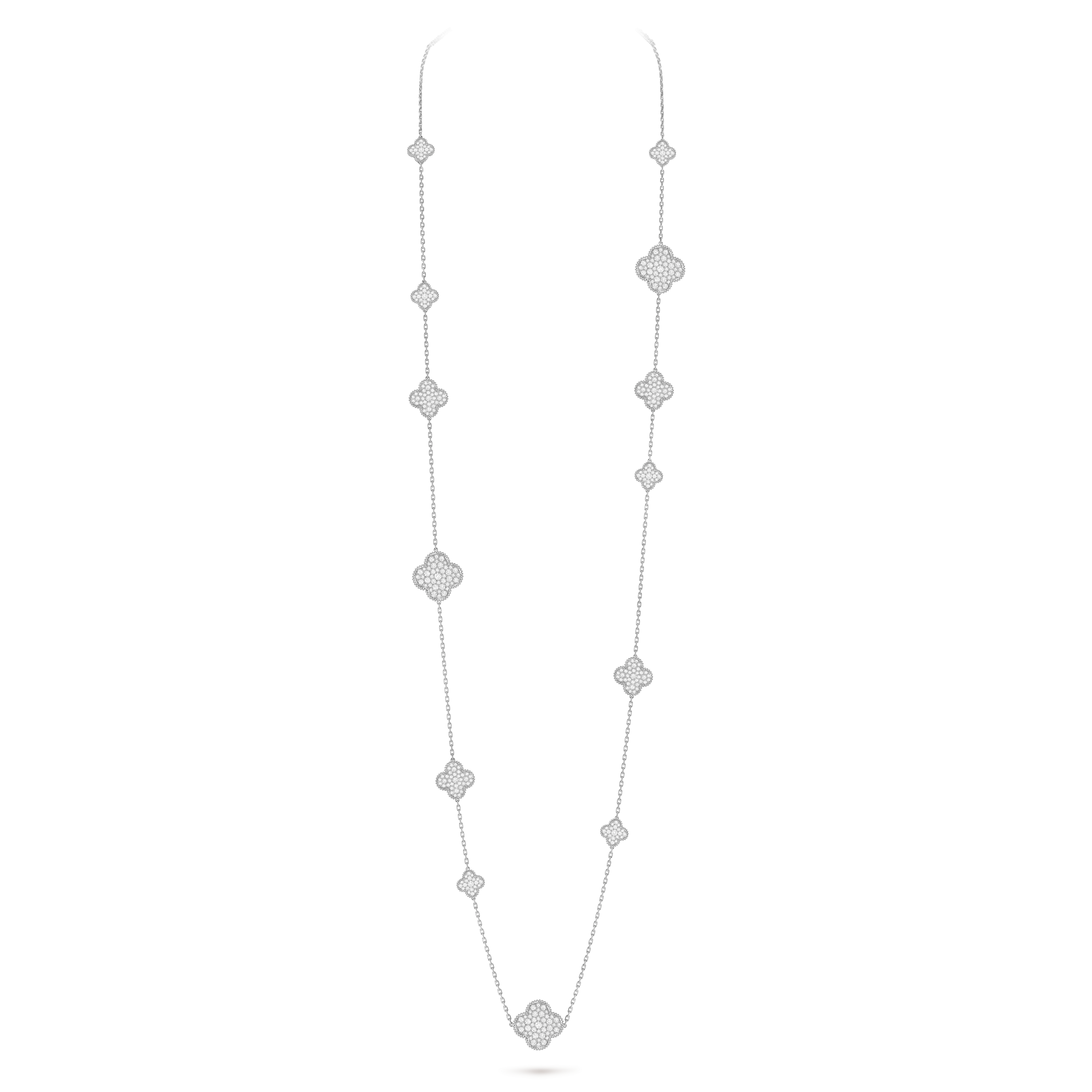 Magic Alhambra长项链，16枚四叶幸运图案, 18K白金, 钻石:  488颗,  16.92 克拉, On Stand, Jewelry Long Necklace_梵克雅宝_Van Cleef & Arpels