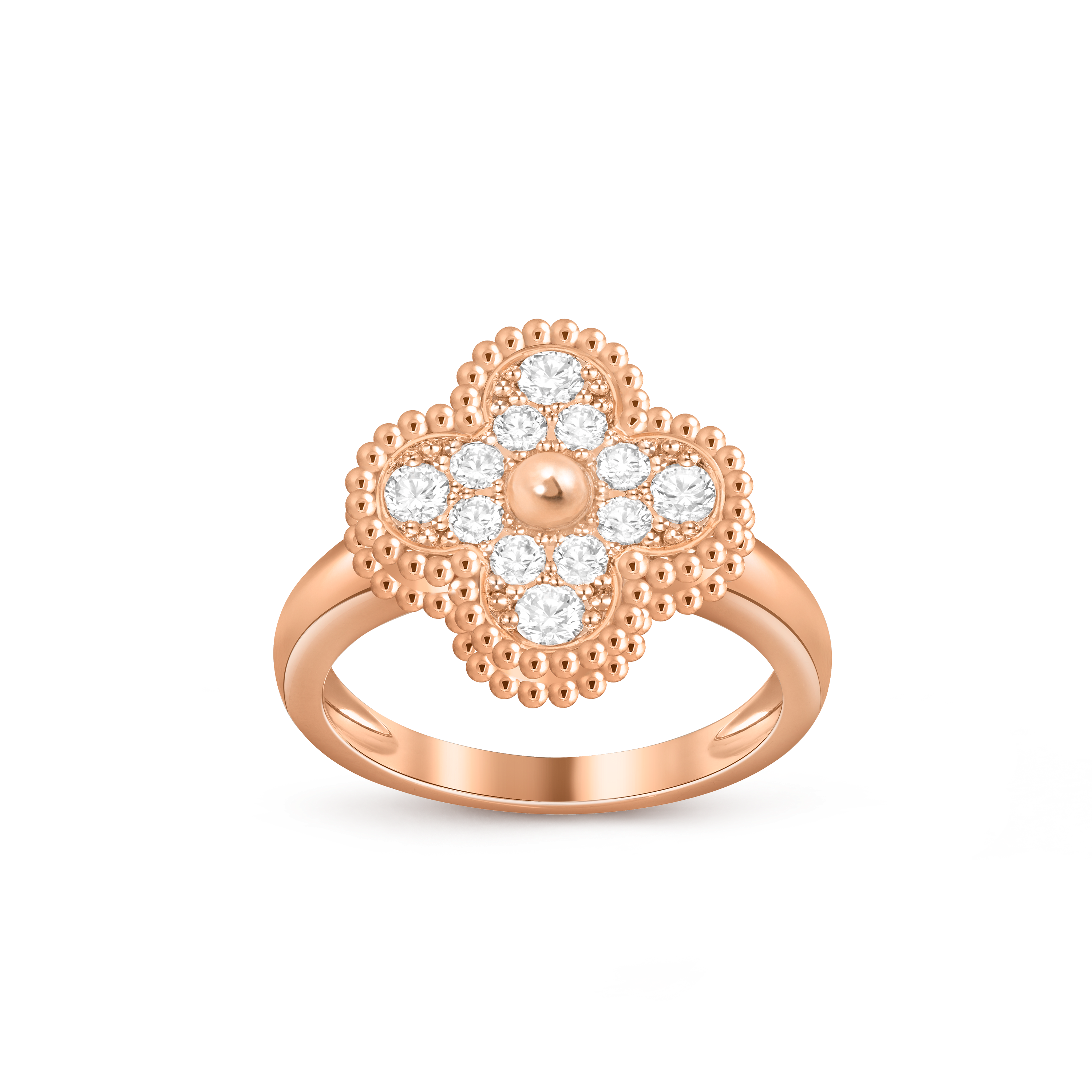 Vintage Alhambra ring, 18K rose gold, Diamond:  12 stones,  0.48 carat, Front, Jewelry Ring - Van Cleef & Arpels