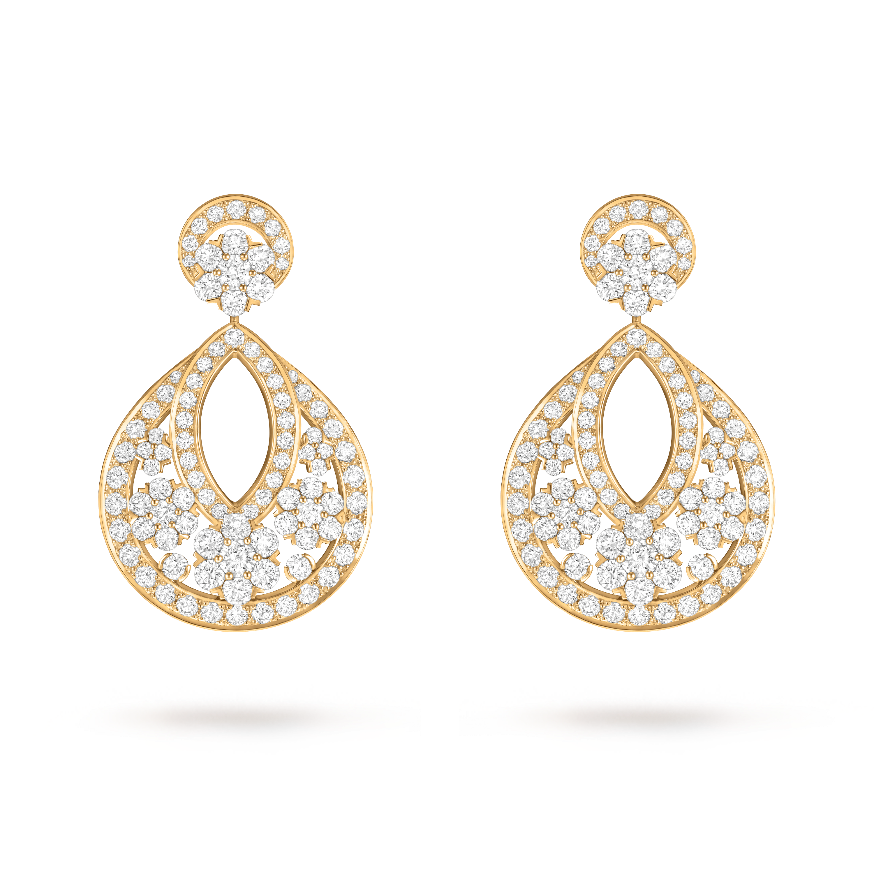 Snowflake耳环，大号款式, 18K黄金, 钻石:  190颗,  13.28 克拉, Front, High Jewelry Earrings_梵克雅宝_Van Cleef & Arpels
