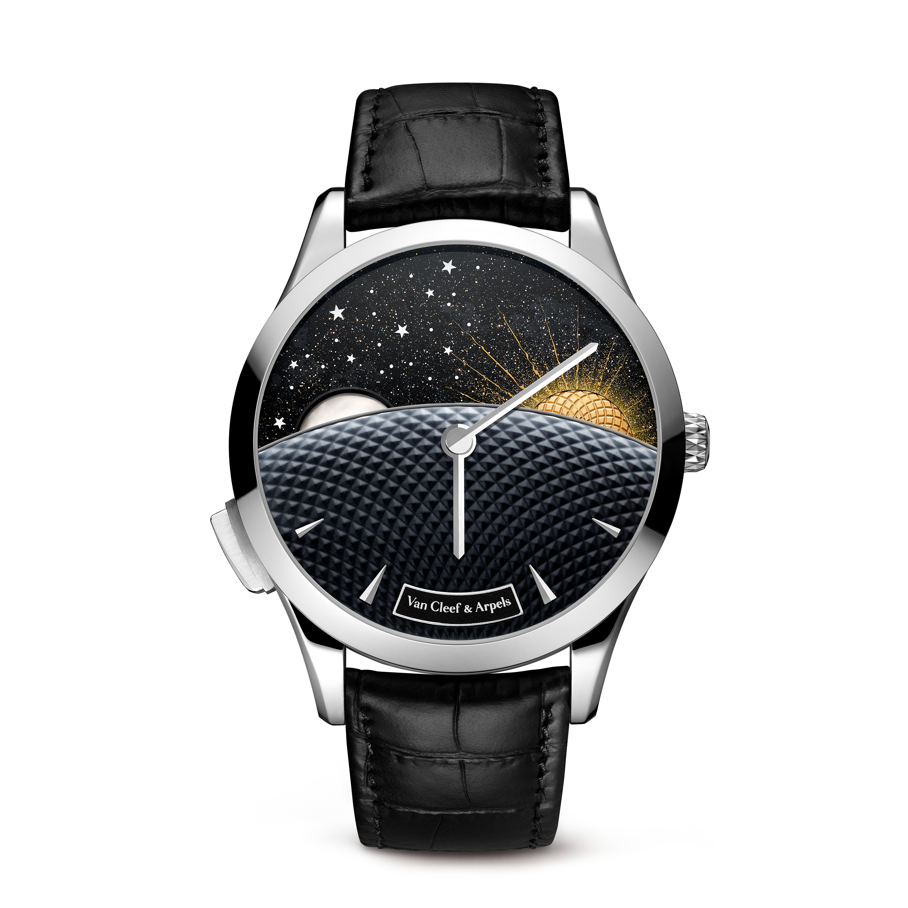 Midnight Jour Nuit Phase de Lune watch, 18K white gold, Aventurine:  2 stones, Mother-of-pearl:  2 stones, Detail, Watch - Van Cleef & Arpels