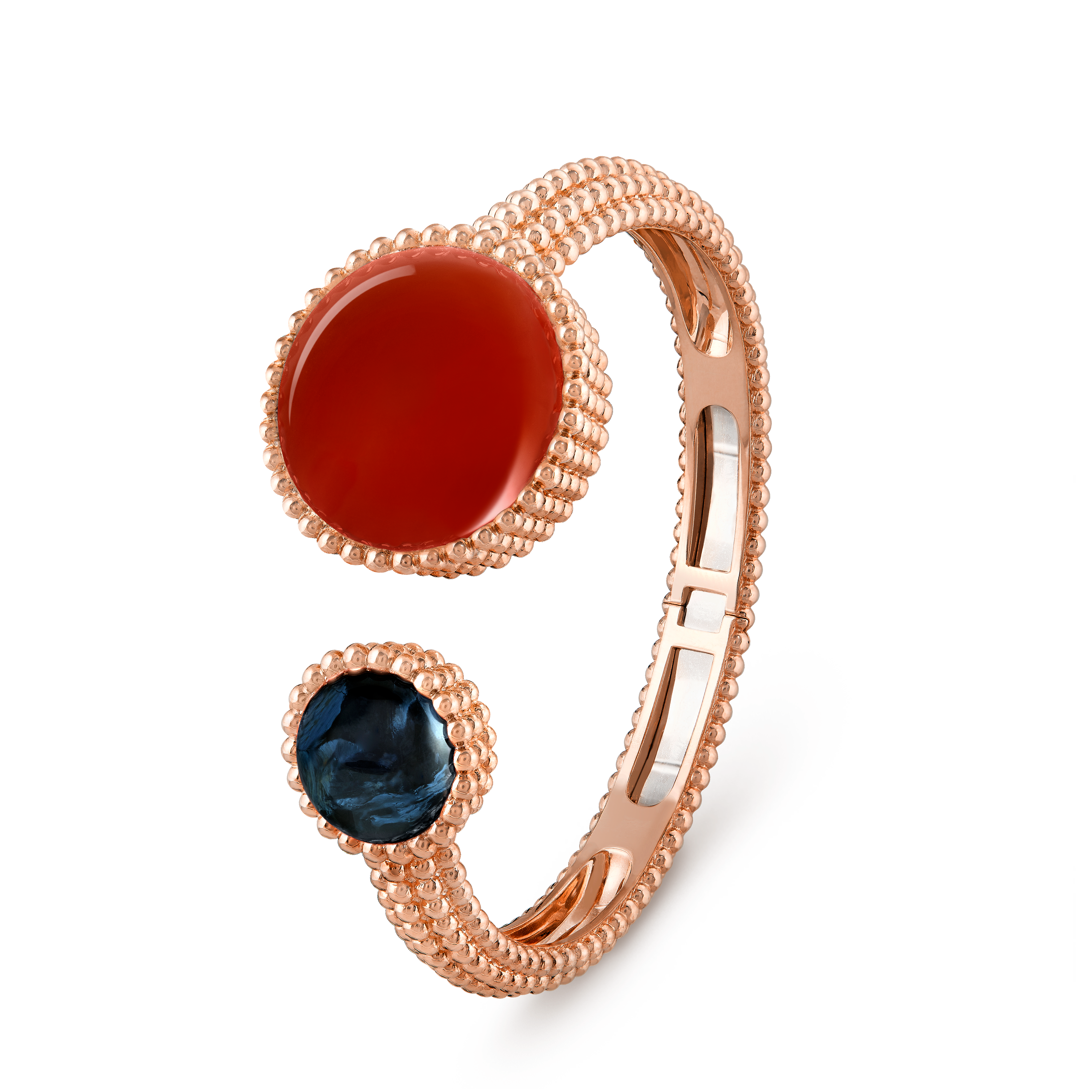 Perlée Toi & Moi secret watch, medium model, 18K rose gold, Carnelian:  1 stone, Diamond:  25 stones,  0.77 carat, Mother-of-pearl:  1 stone, Pietersite:  1 stone, Three Fourth Alternative, Watch - Van Cleef & Arpels