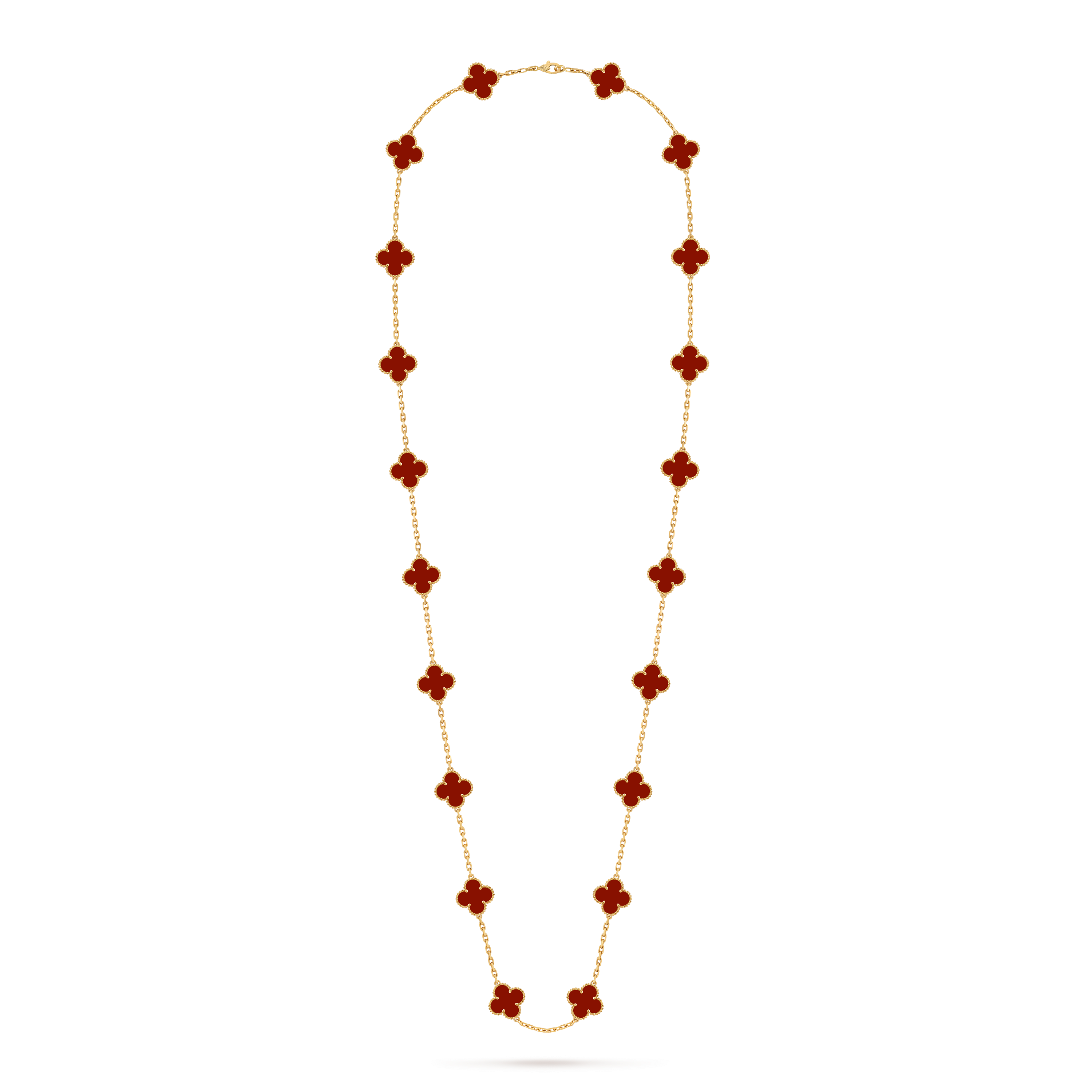 Vintage Alhambra long necklace, 20 motifs, 18K yellow gold, Carnelian:  20 stones, Front, Jewelry Long Necklace - Van Cleef & Arpels