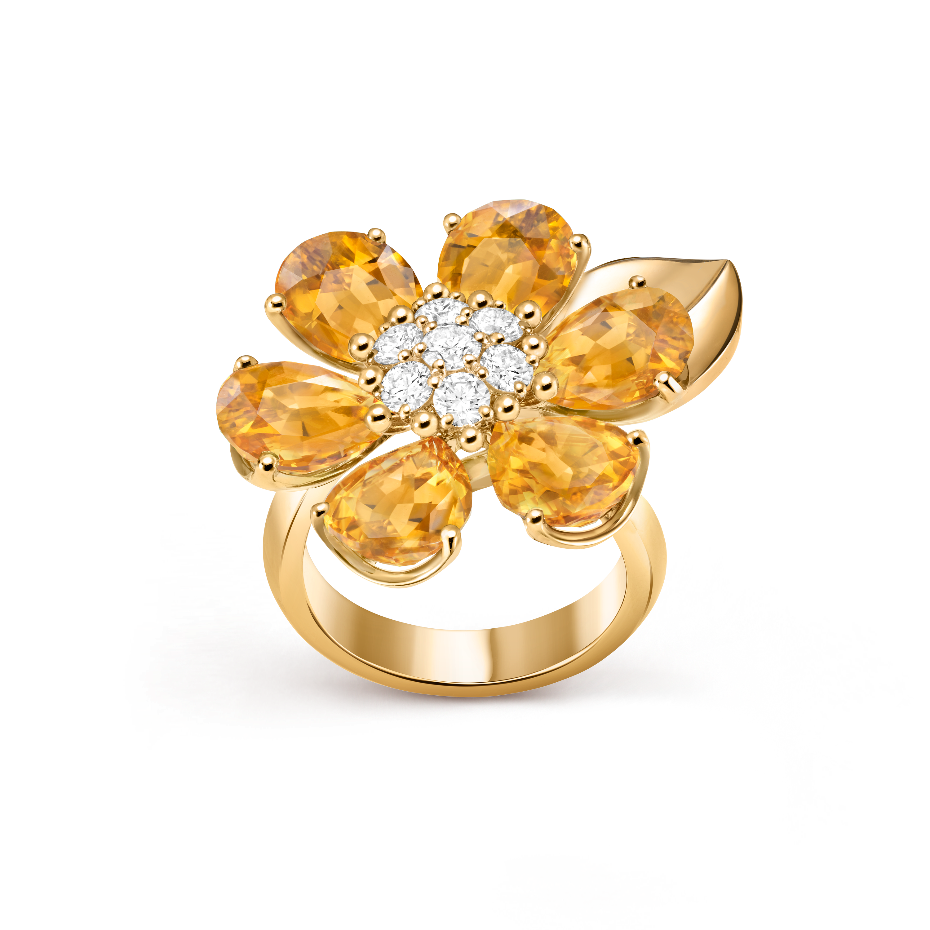 Fleurs d’Hawaï ring, 18K yellow gold, Citrine:  6 stones,  9.3 carats, Diamond:  7 stones,  0.54 carat, Top, Jewelry Ring - Van Cleef & Arpels