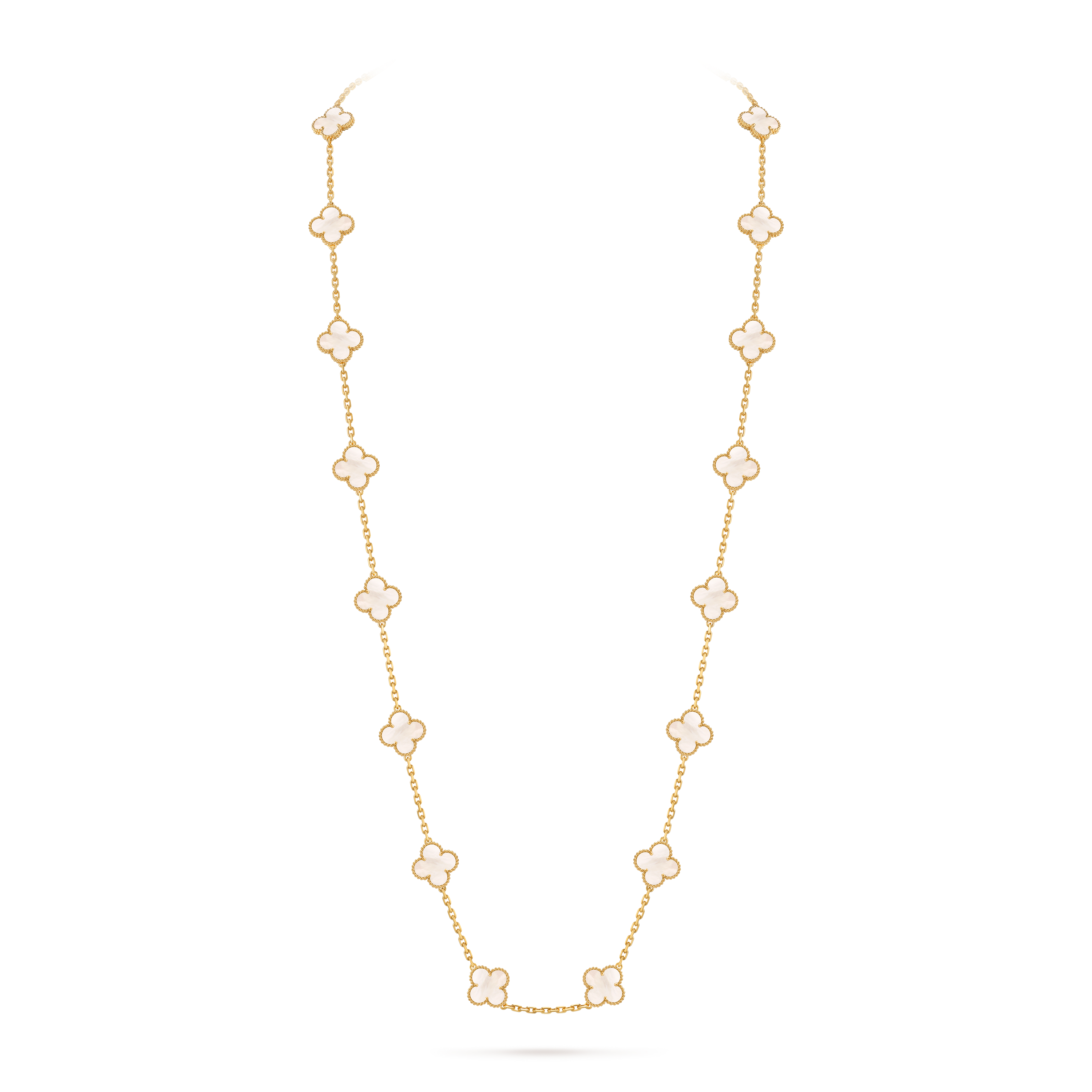 Vintage Alhambra long necklace, 20 motifs, 18K yellow gold, Mother-of-pearl:  20 stones, On Stand, Jewelry Long Necklace - Van Cleef & Arpels