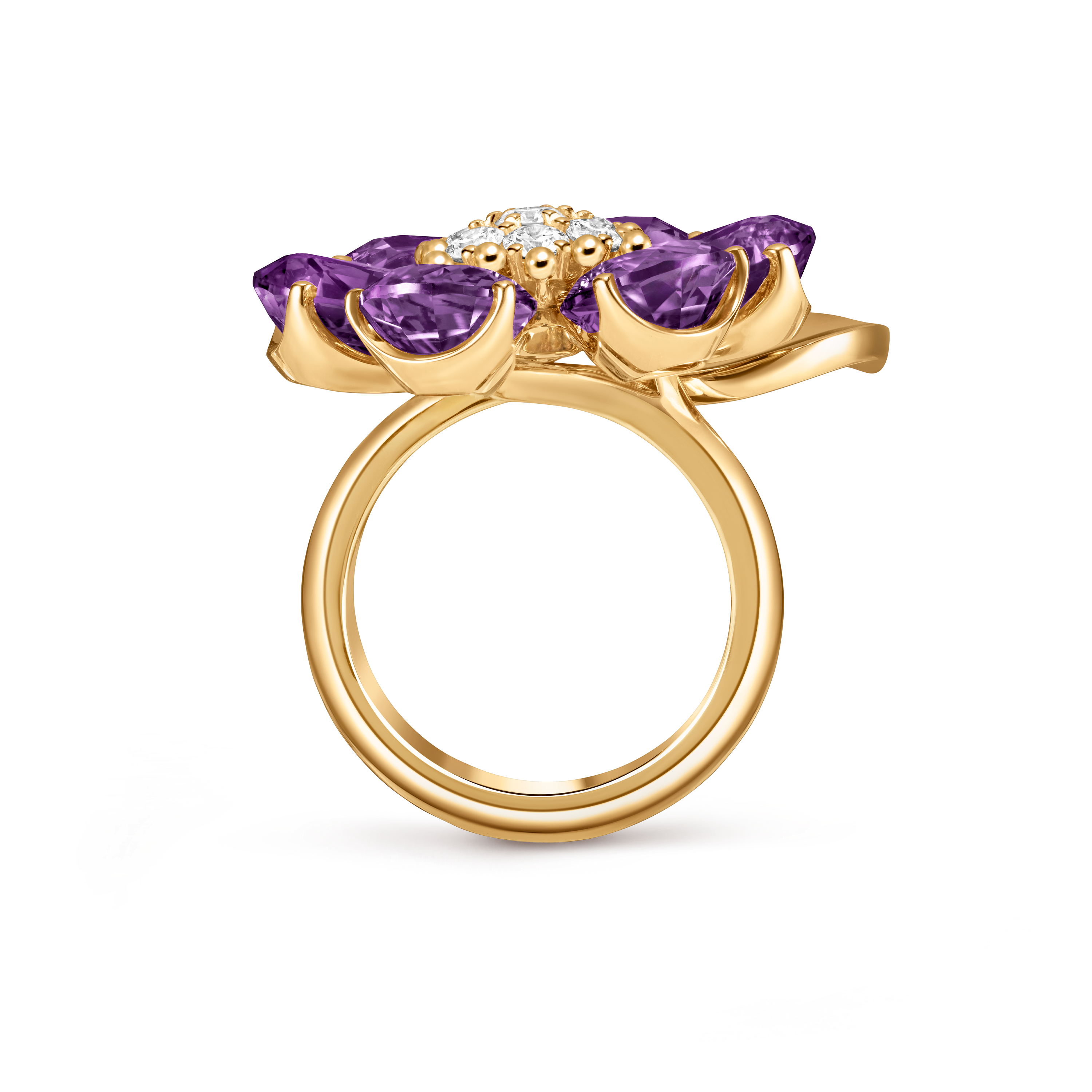 Fleurs d’Hawaï ring, 18K yellow gold, Amethyst:  6 stones,  8.52 carats, Diamond:  7 stones,  0.54 carat, Front, Jewelry Ring - Van Cleef & Arpels