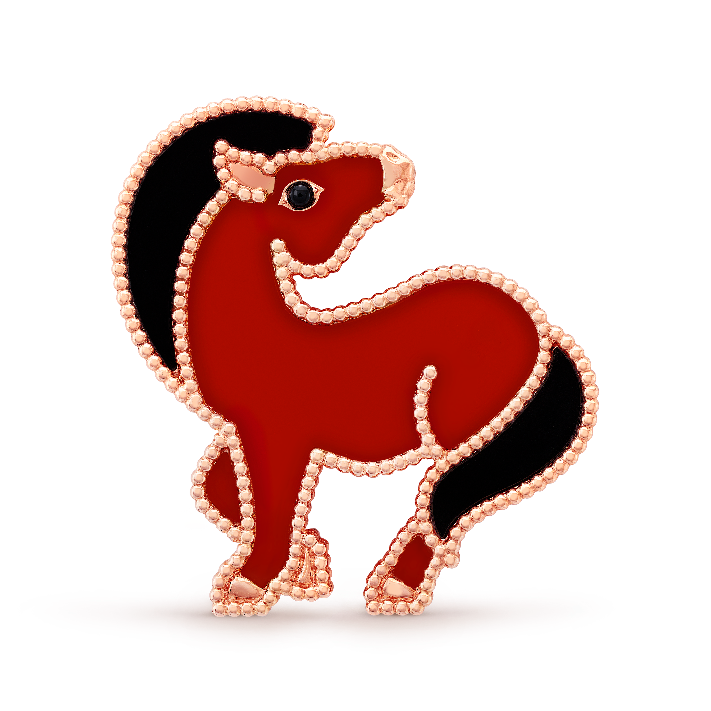 Lucky Animals Horse clip, 18K rose gold, Carnelian:  3 stones, Onyx:  3 stones, Front, Jewelry Clip - Van Cleef & Arpels