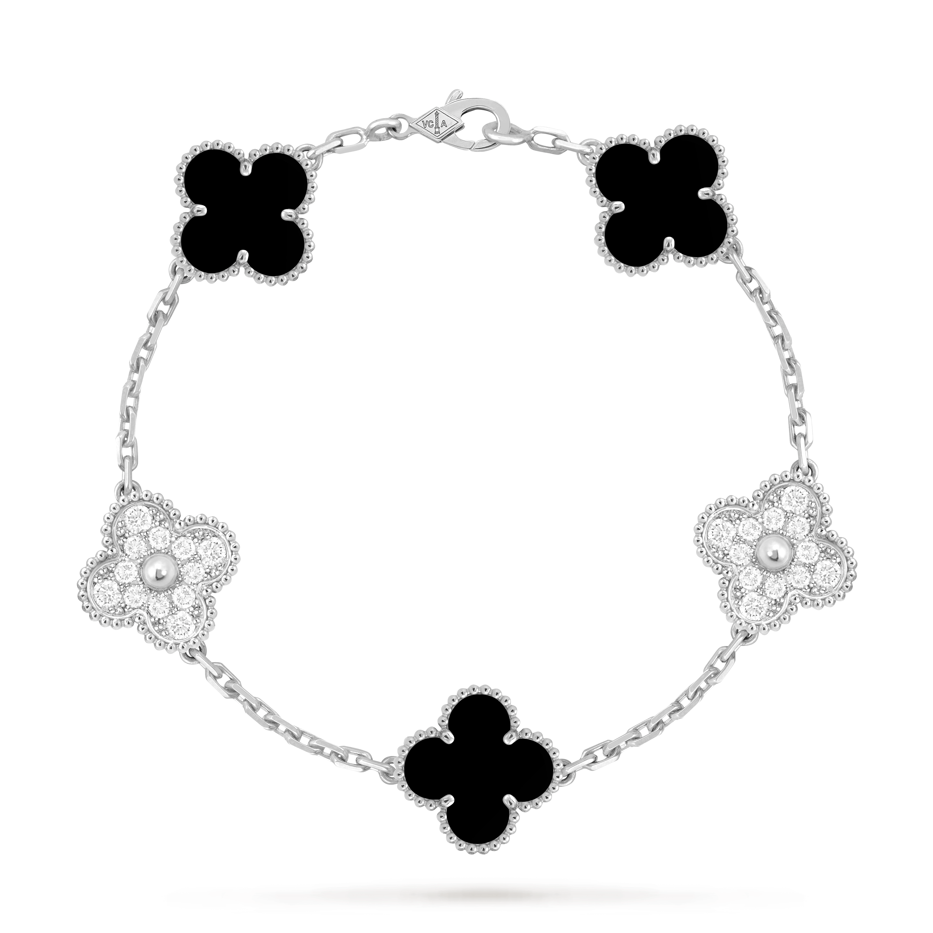 Vintage Alhambra bracelet, 5 motifs, 18K white gold, Diamond:  24 stones,  0.96 carat, Onyx:  3 stones, Front, Jewelry Bracelet - Van Cleef & Arpels